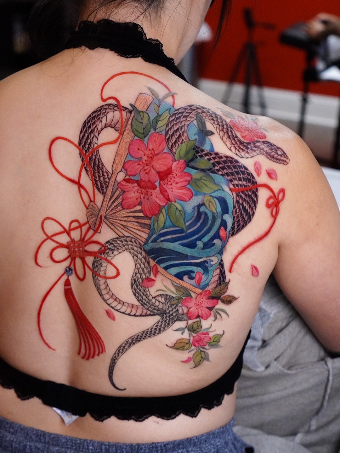 Snake and flowers japanese irezumi tattoo on the back by 🌛 Lê Huỳnh🌜, Dallas, Texas