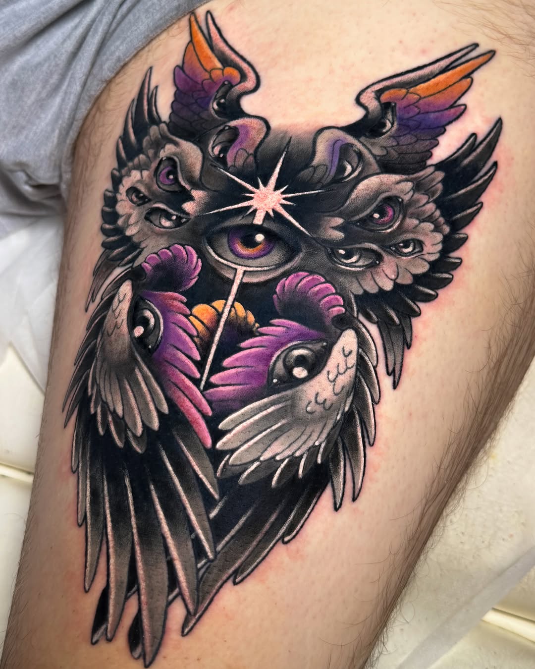 Owl neo-traditional tattoo on the thigh by Tattoos By Lola Cavotta, Willoughby, Ohio