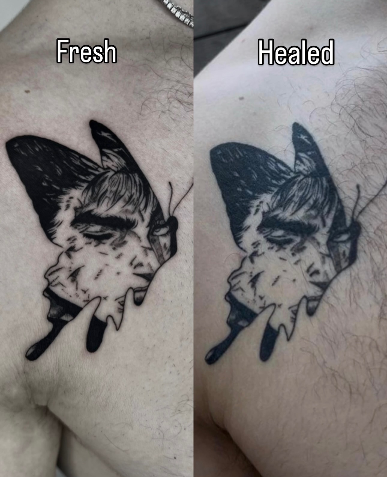 Man's face black and grey tattoo on the chest by Blackwork Vamos