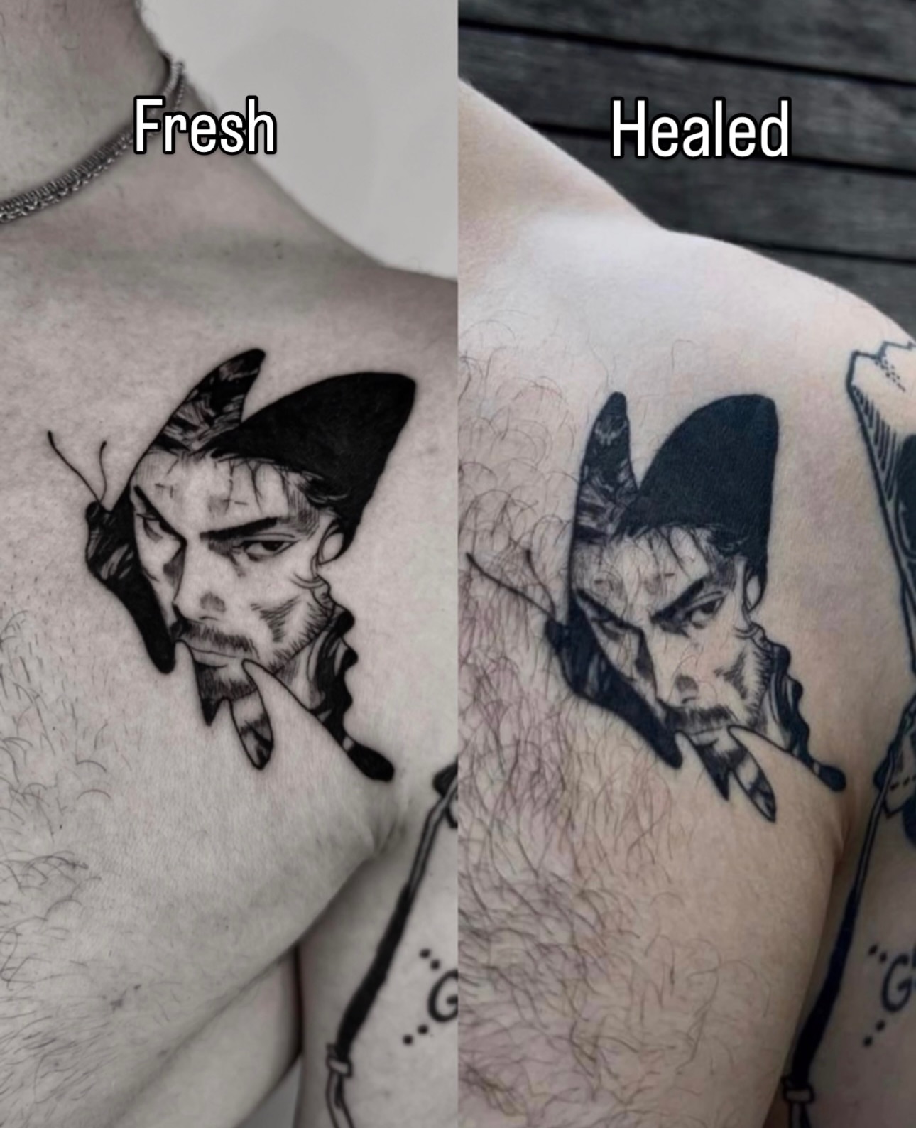 Man with butterfly realism tattoo on the chest by Blackwork Vamos