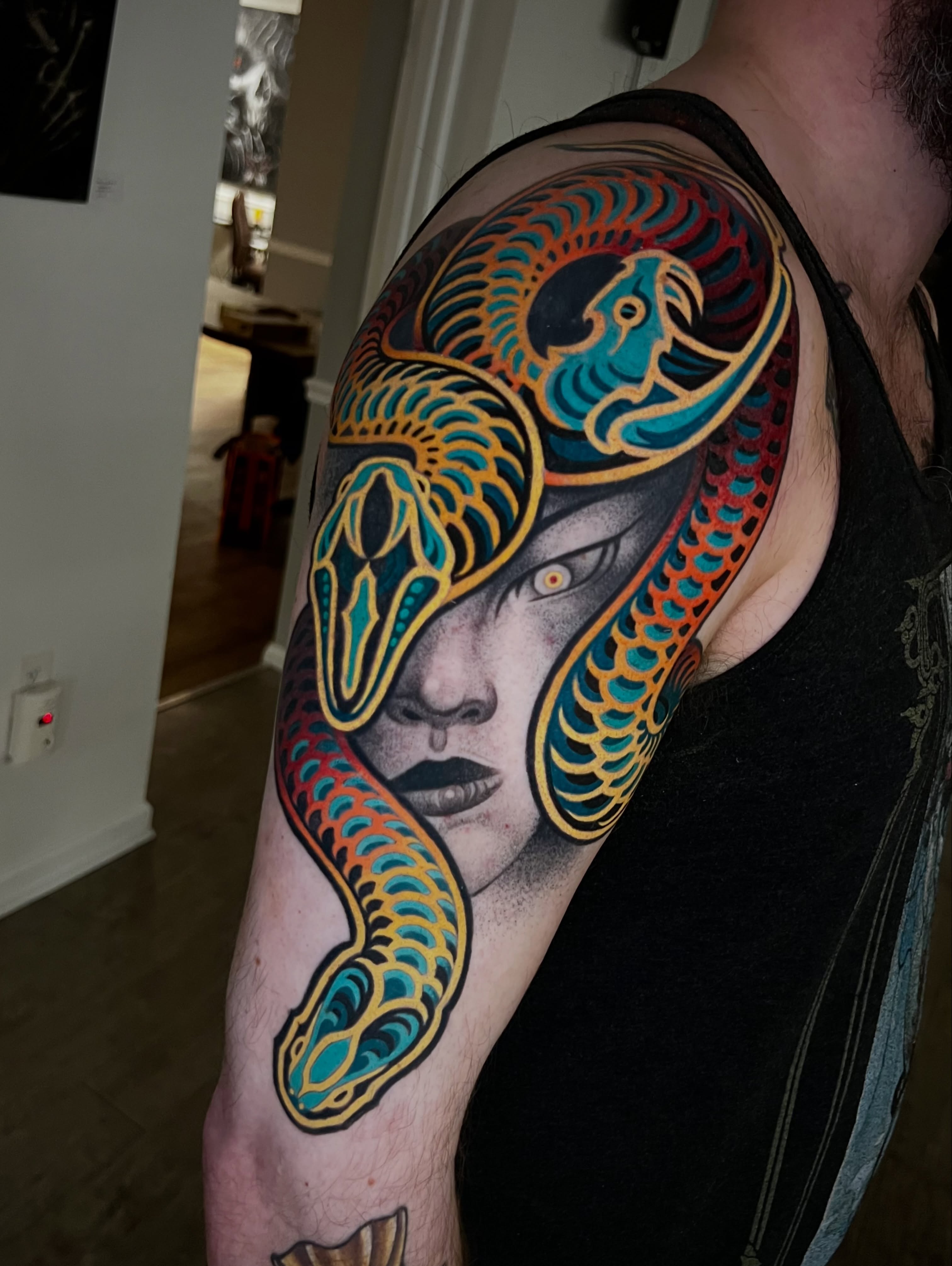 Tattoo by @handshakesnaketattoos — american_traditional, geometric