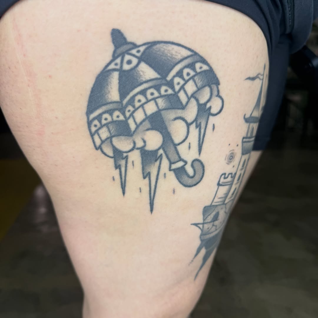 Elephant black and grey tattoo on the thigh by @chrisskon, Carpentersville, Illinois