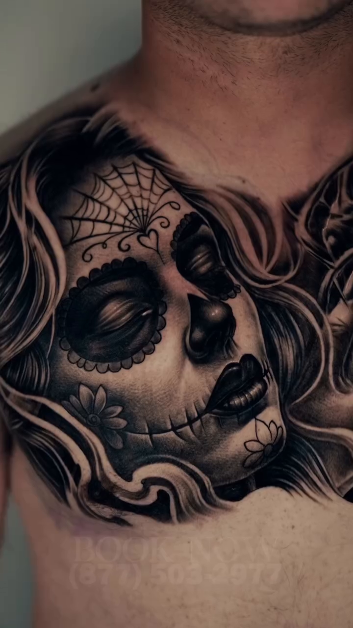 Two sugar skulls realism tattoo by Antonio Pavić, Los Angeles, California