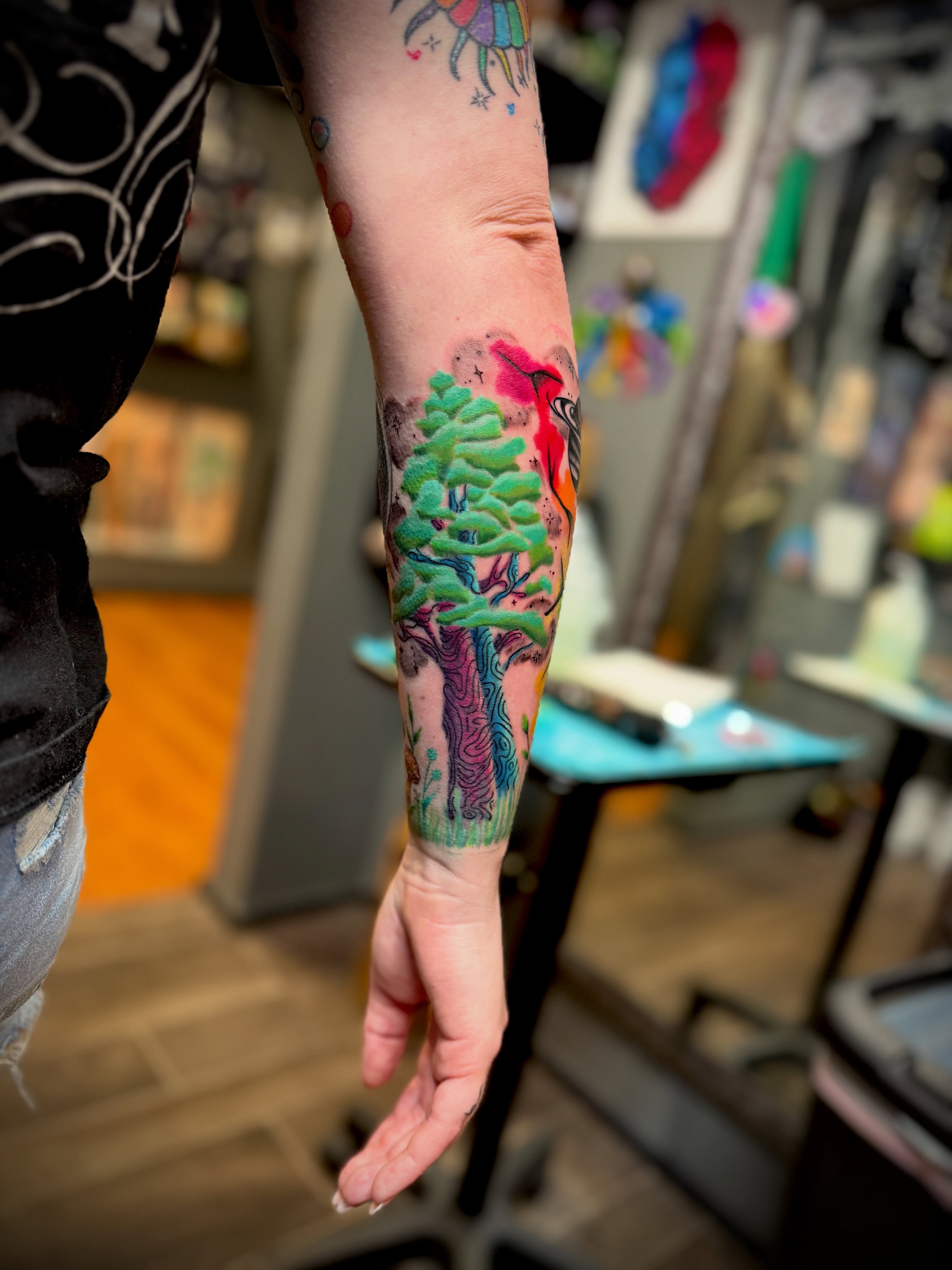 Tree dotwork tattoo on the forearm by Kacy Blalock