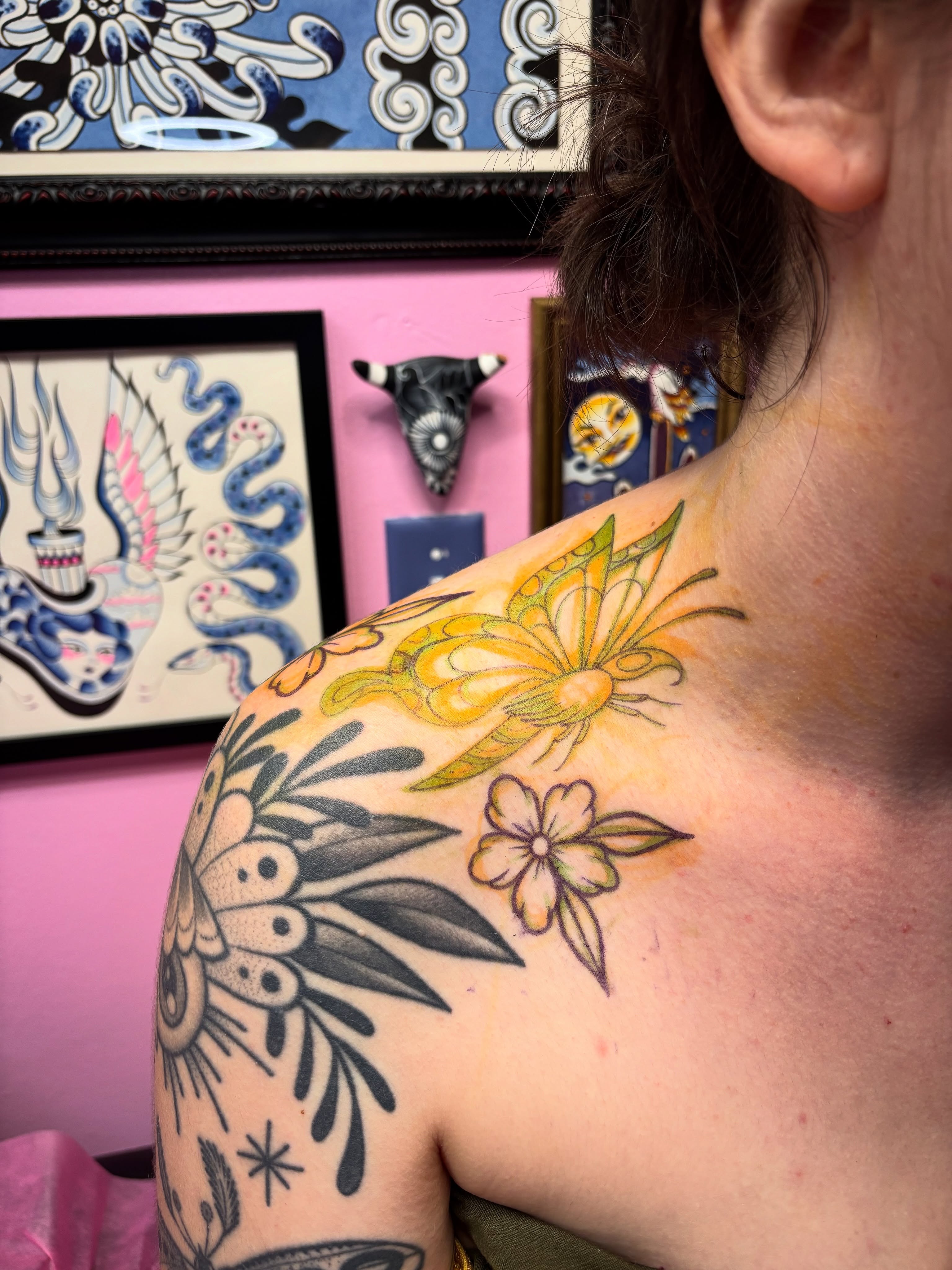 Floral and bird American traditional tattoo on the shoulder by Victoria Bacon