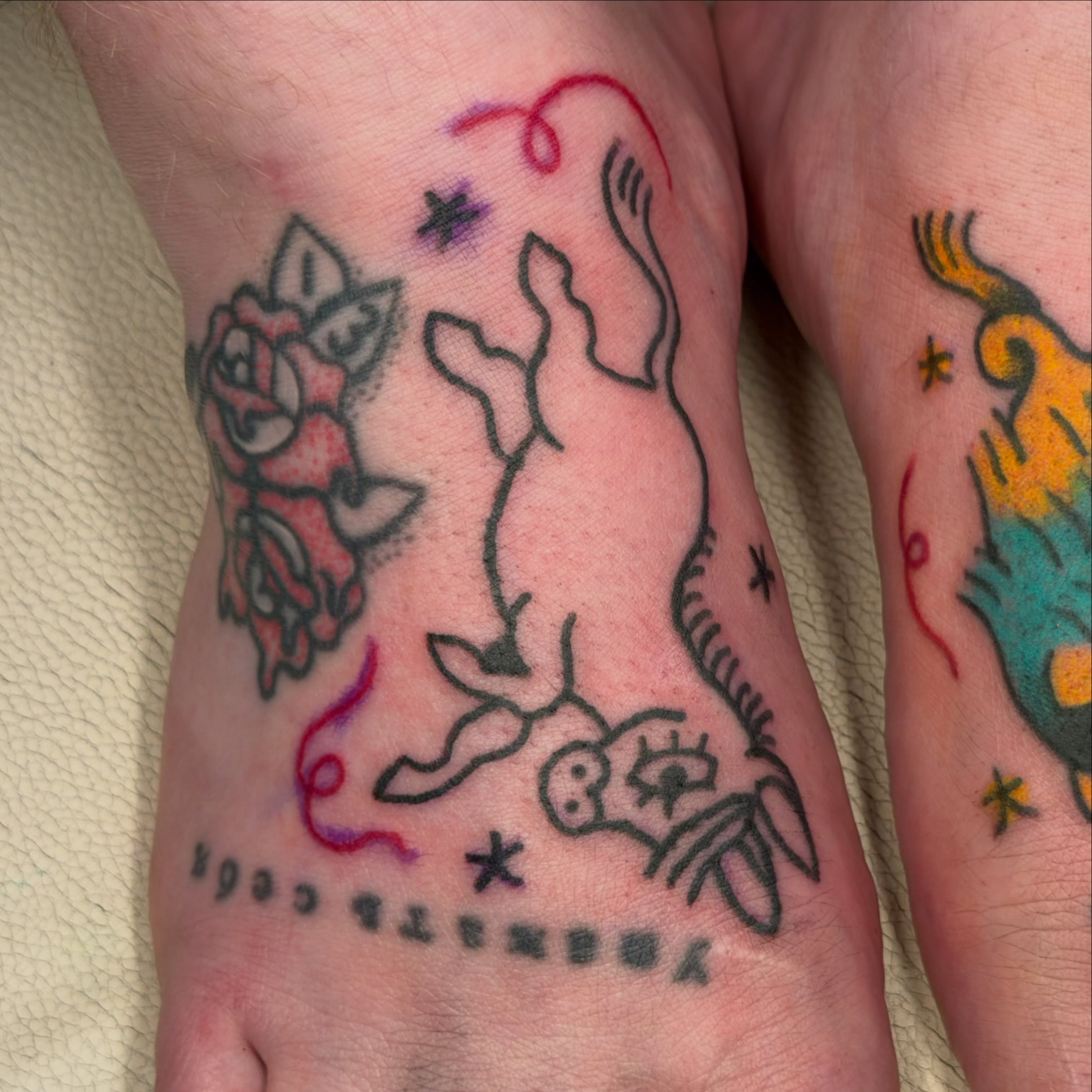 Cat and rose American traditional tattoo on the foot by Gus Roach Graves