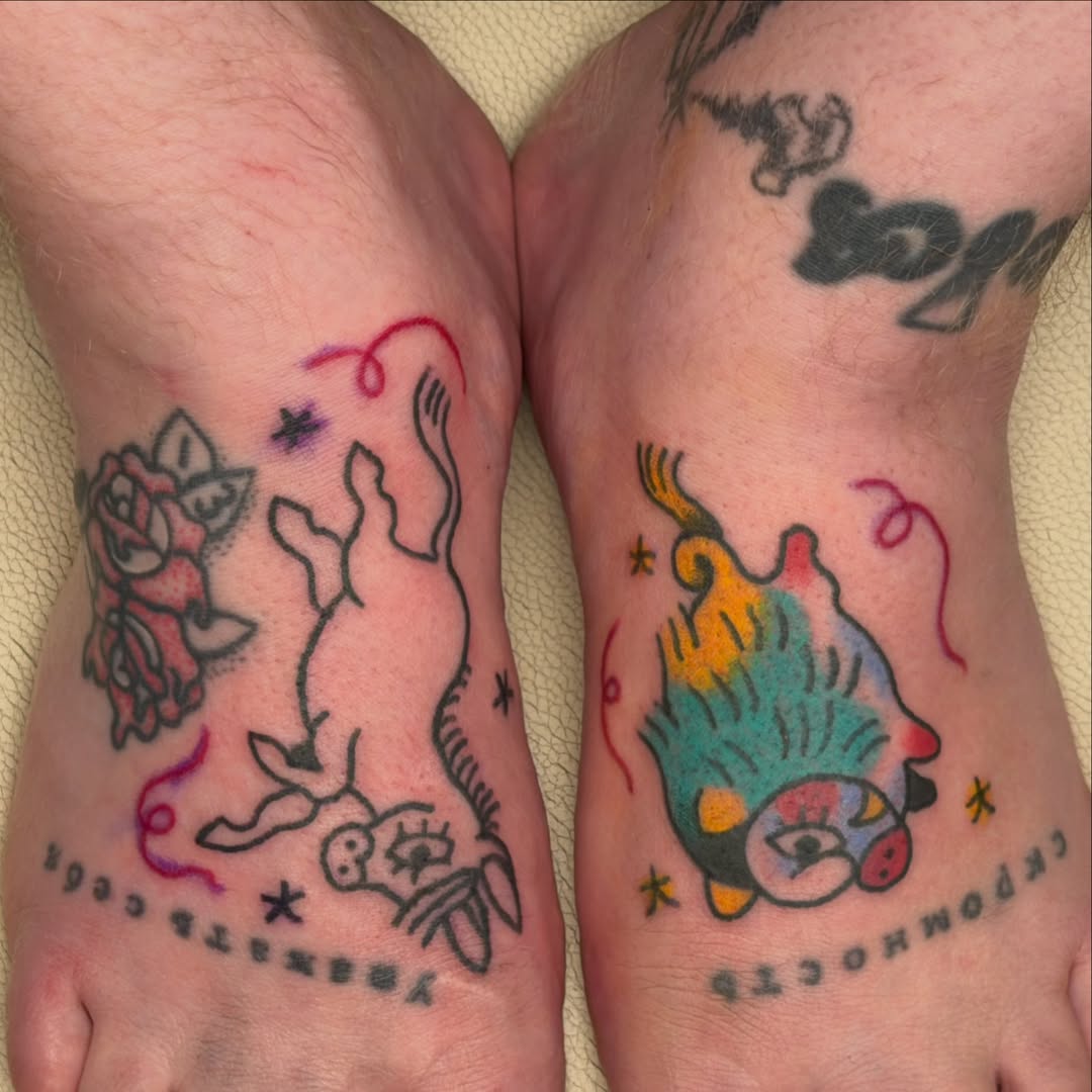 Cat and fish new school tattoo on the foot by Gus Roach Graves