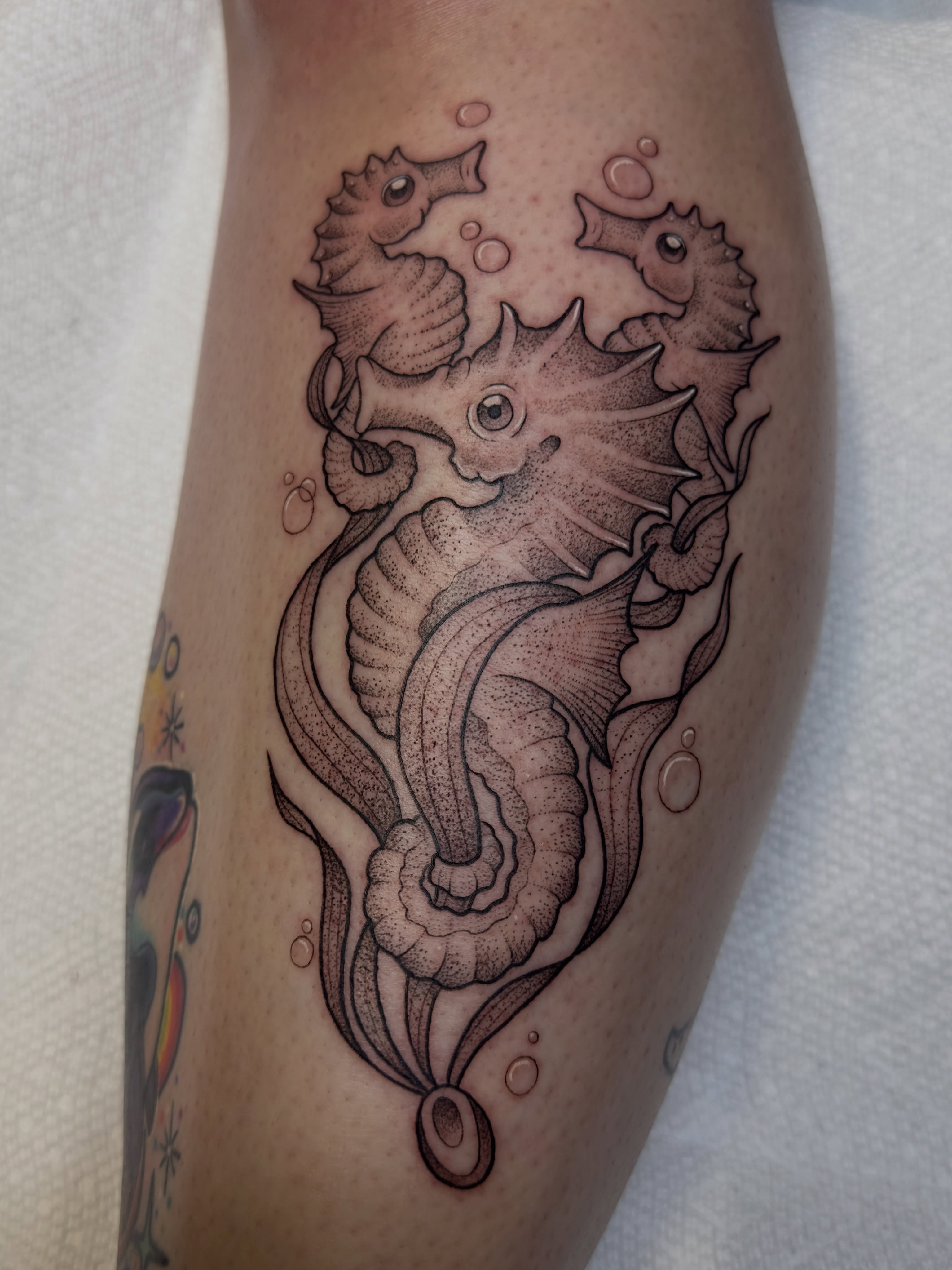 Seahorse dotwork tattoo on the thigh by Tiffany ✿ Tattoo Artist