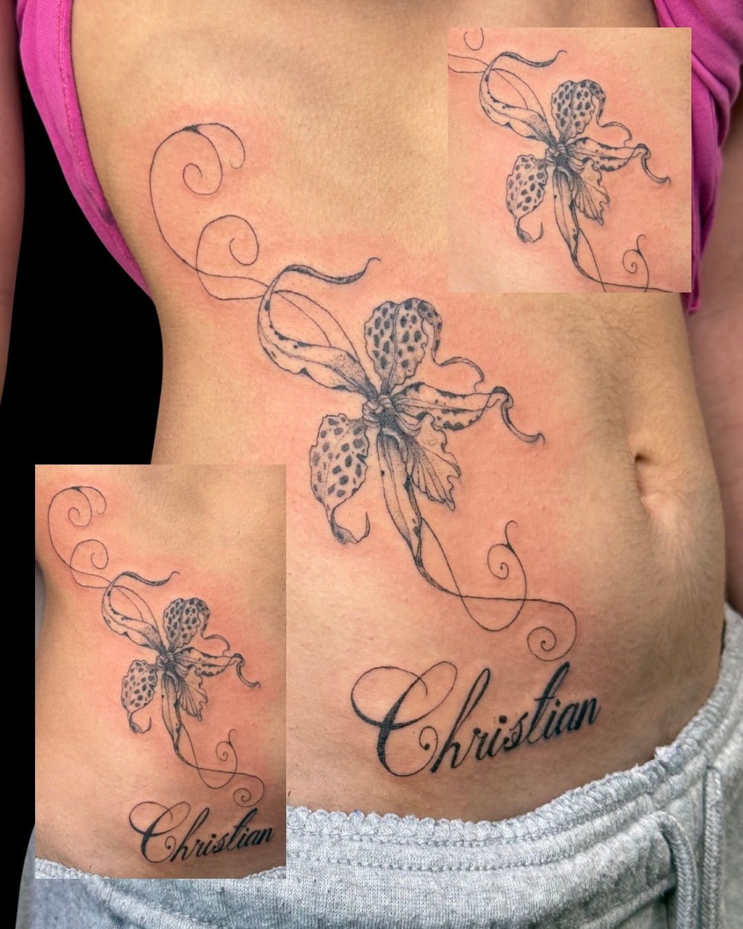 Orchid black and grey tattoo on the ribs by dewduls :), Berkeley, California