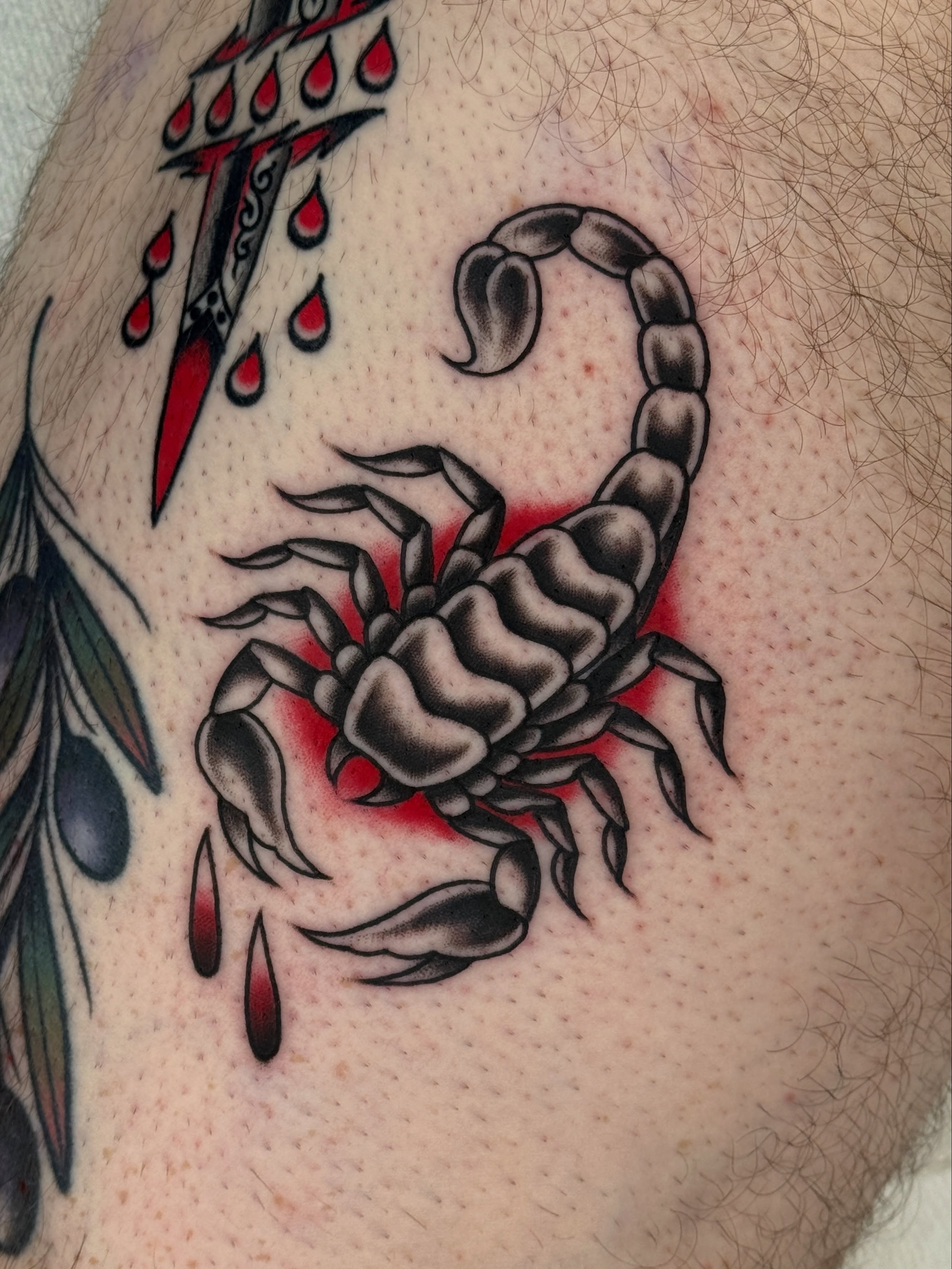 Scorpion American traditional tattoo on the upper arm by Bre Grover, Vancouver, British Columbia