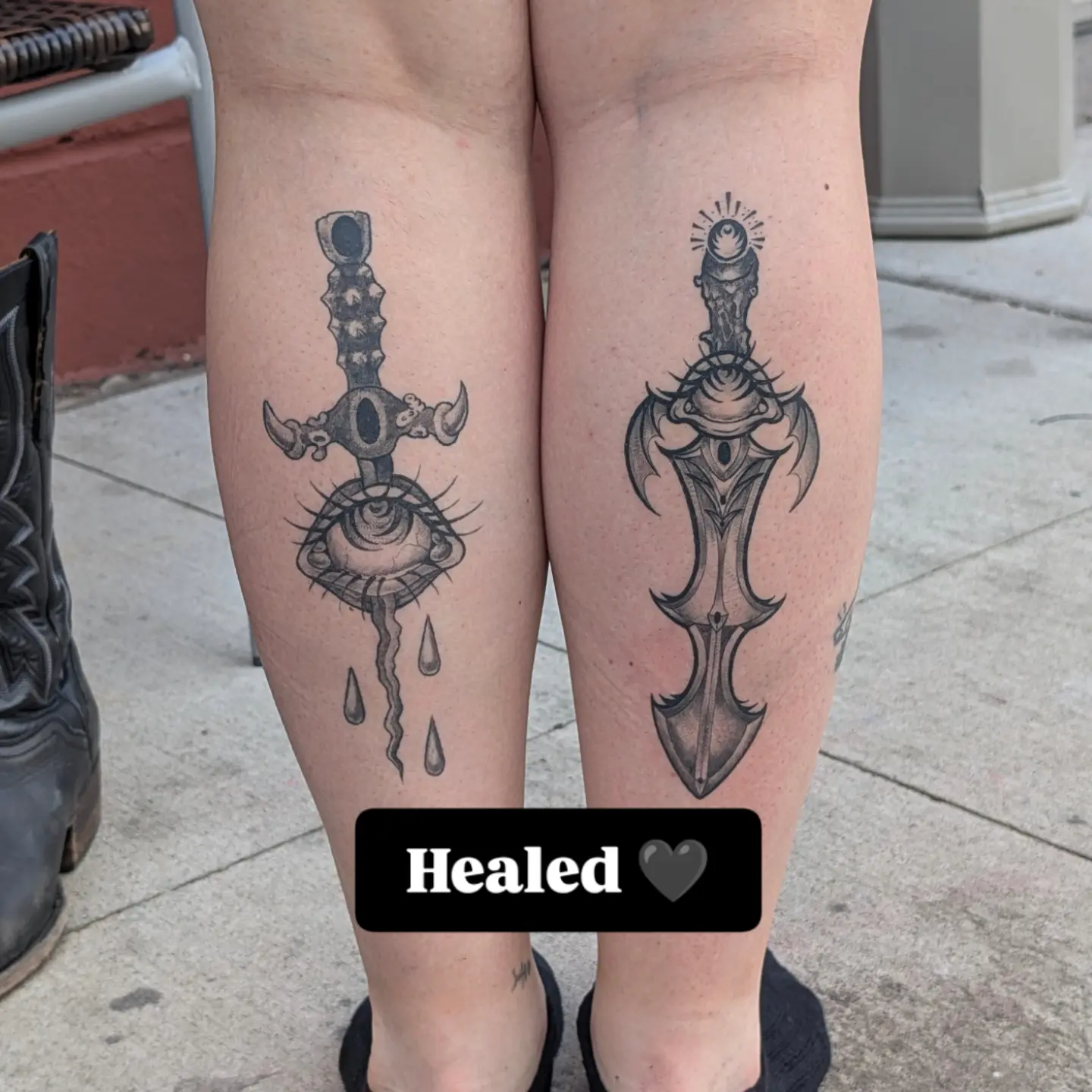 Eye and dagger geometric tattoo on the leg by Jo Xylo - Minneapolis Tattoo Artist, Minneapolis, Minnesota