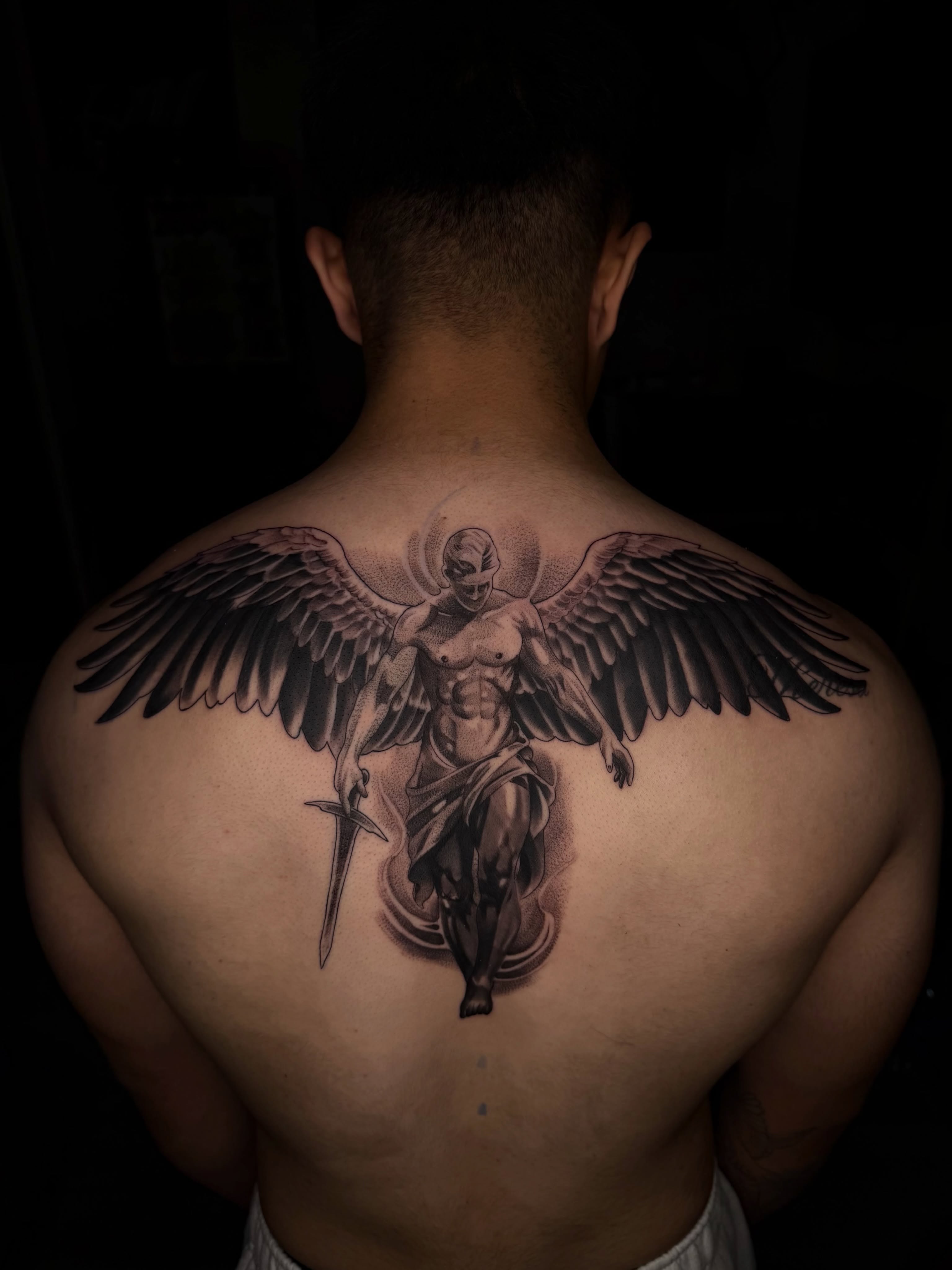 Angelic figure realism tattoo on the back by San Diego Tattoo Artist