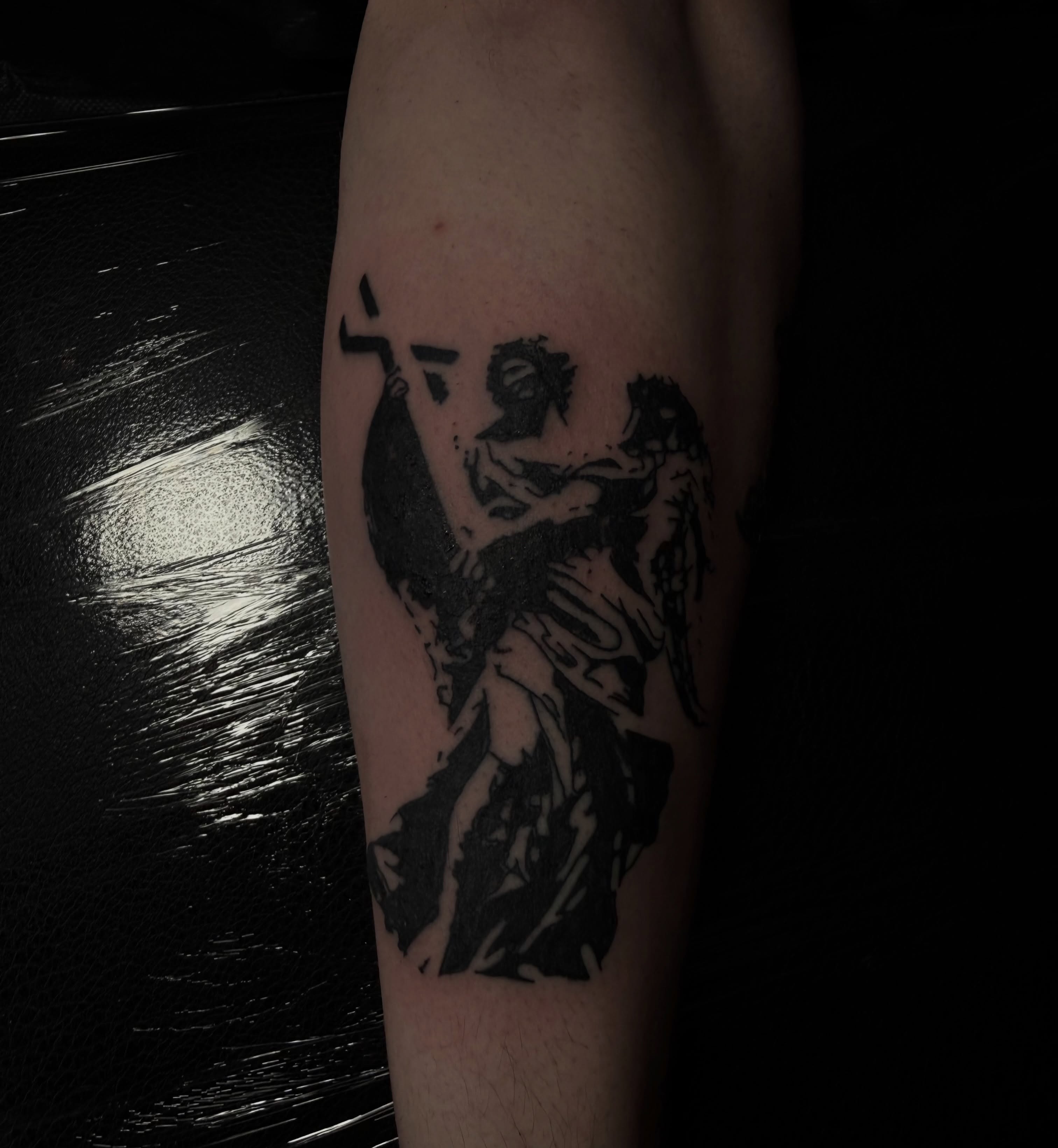Demon black and grey tattoo on the forearm by Jordan Sandoval