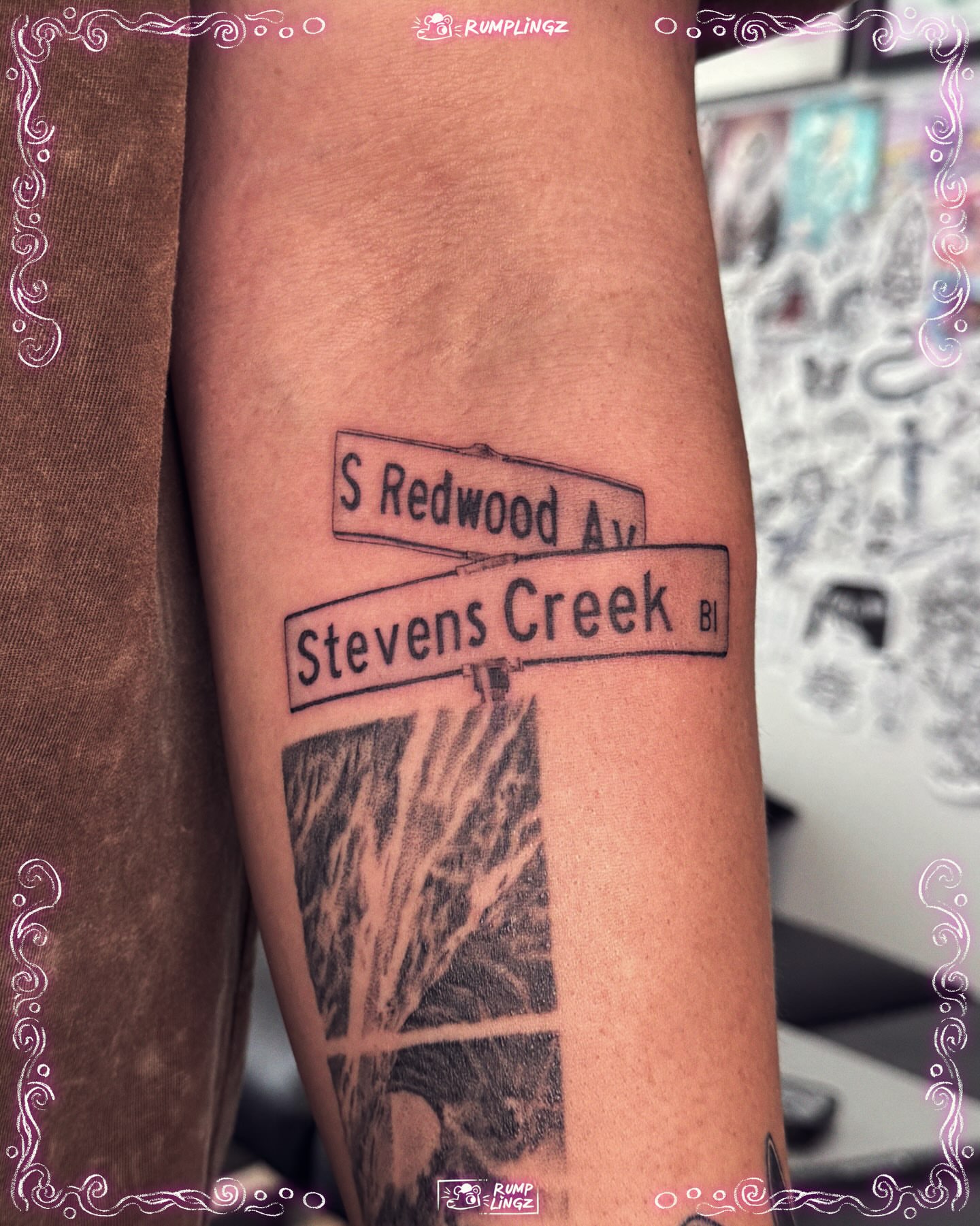 Street sign black and grey tattoo on the forearm by 💗Rin tattoos💗