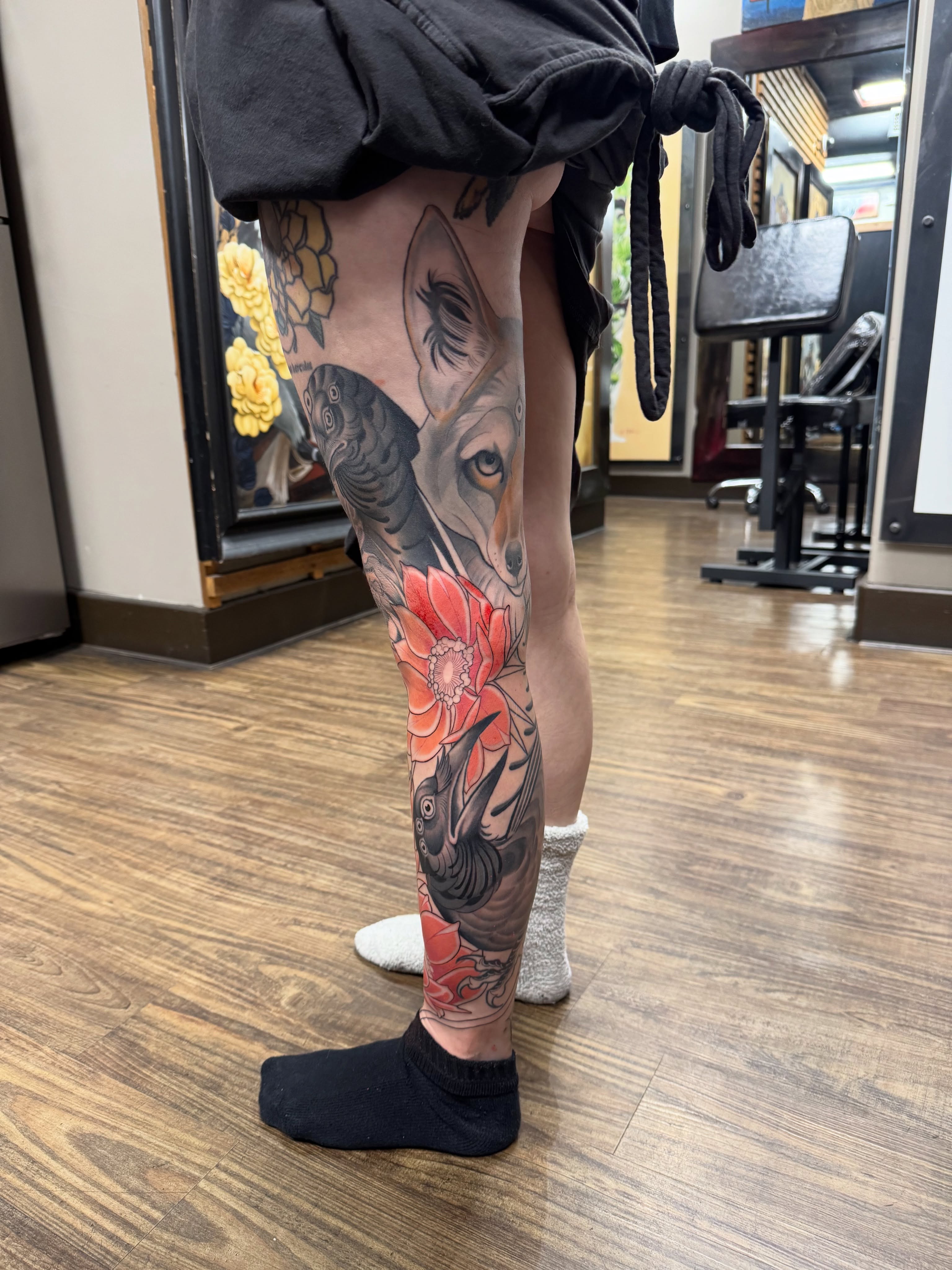 Fox and flower realism tattoo on the leg by Andi Fitz ✨ San Diego Tattoo Artist, San Diego, California