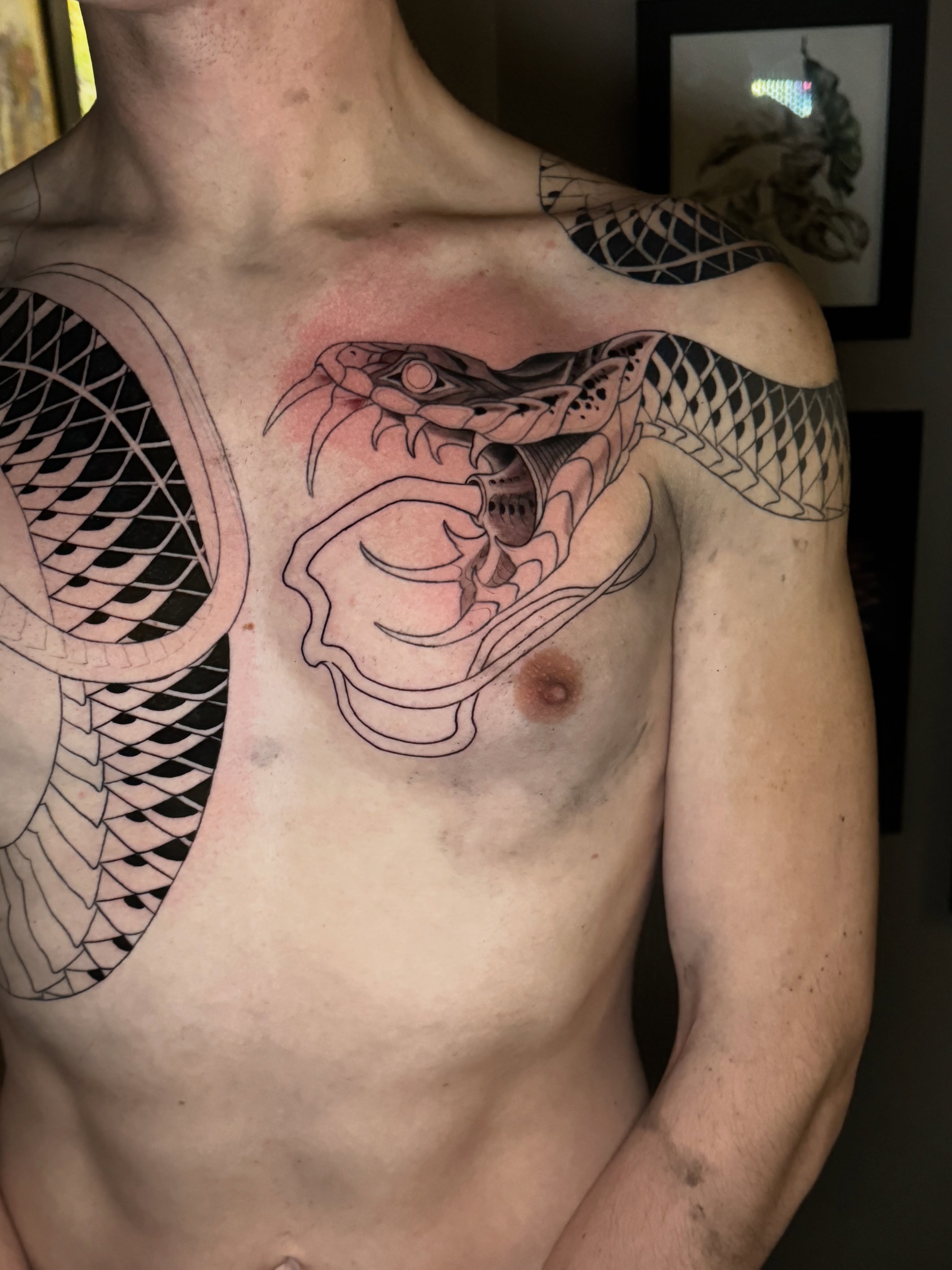 Snake black and grey tattoo on the chest by Andi Fitz ✨ San Diego Tattoo Artist, San Diego, California