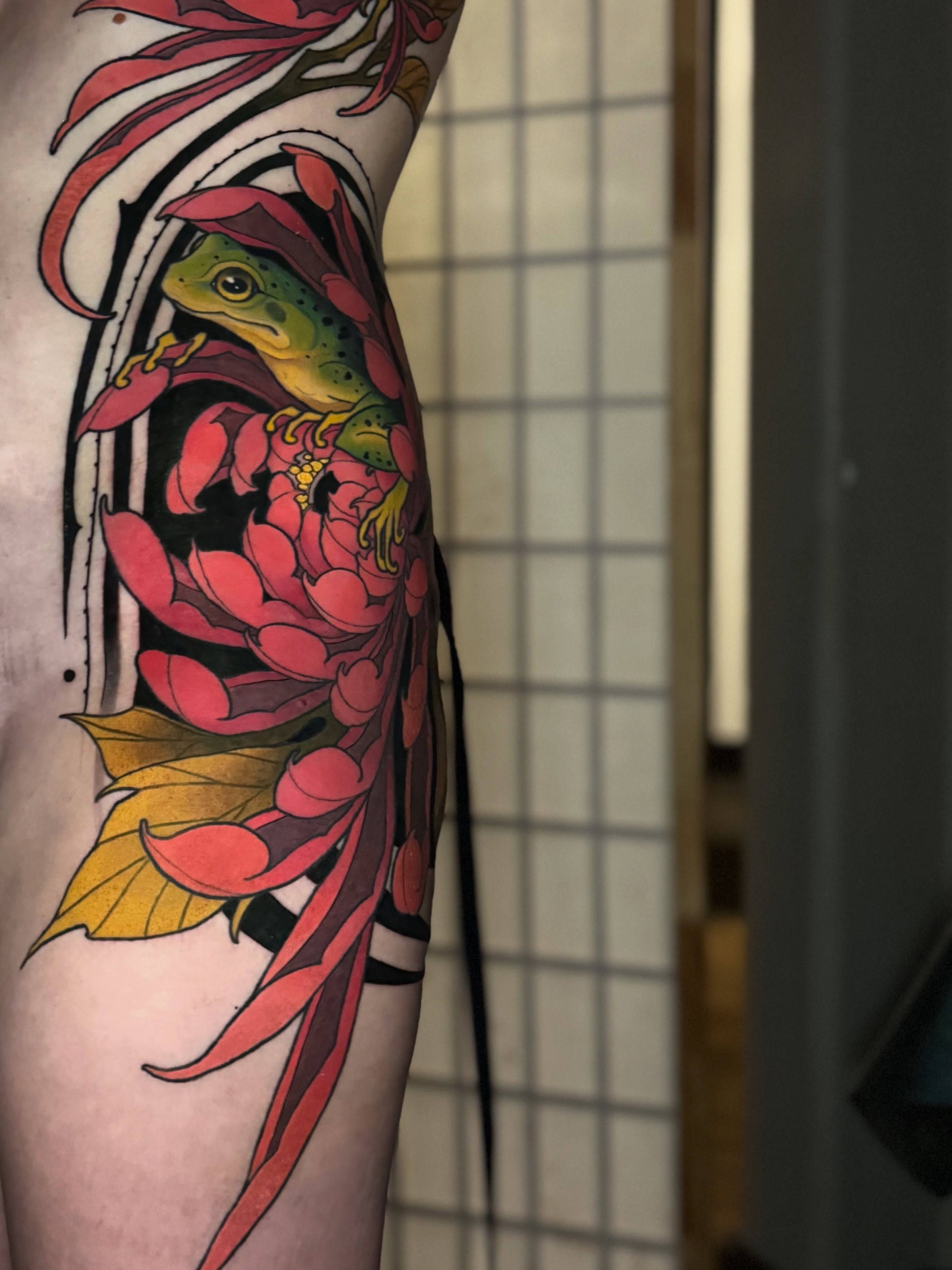 Frog and flowers japanese irezumi tattoo on the forearm by Andi Fitz ✨ San Diego Tattoo Artist, San Diego, California