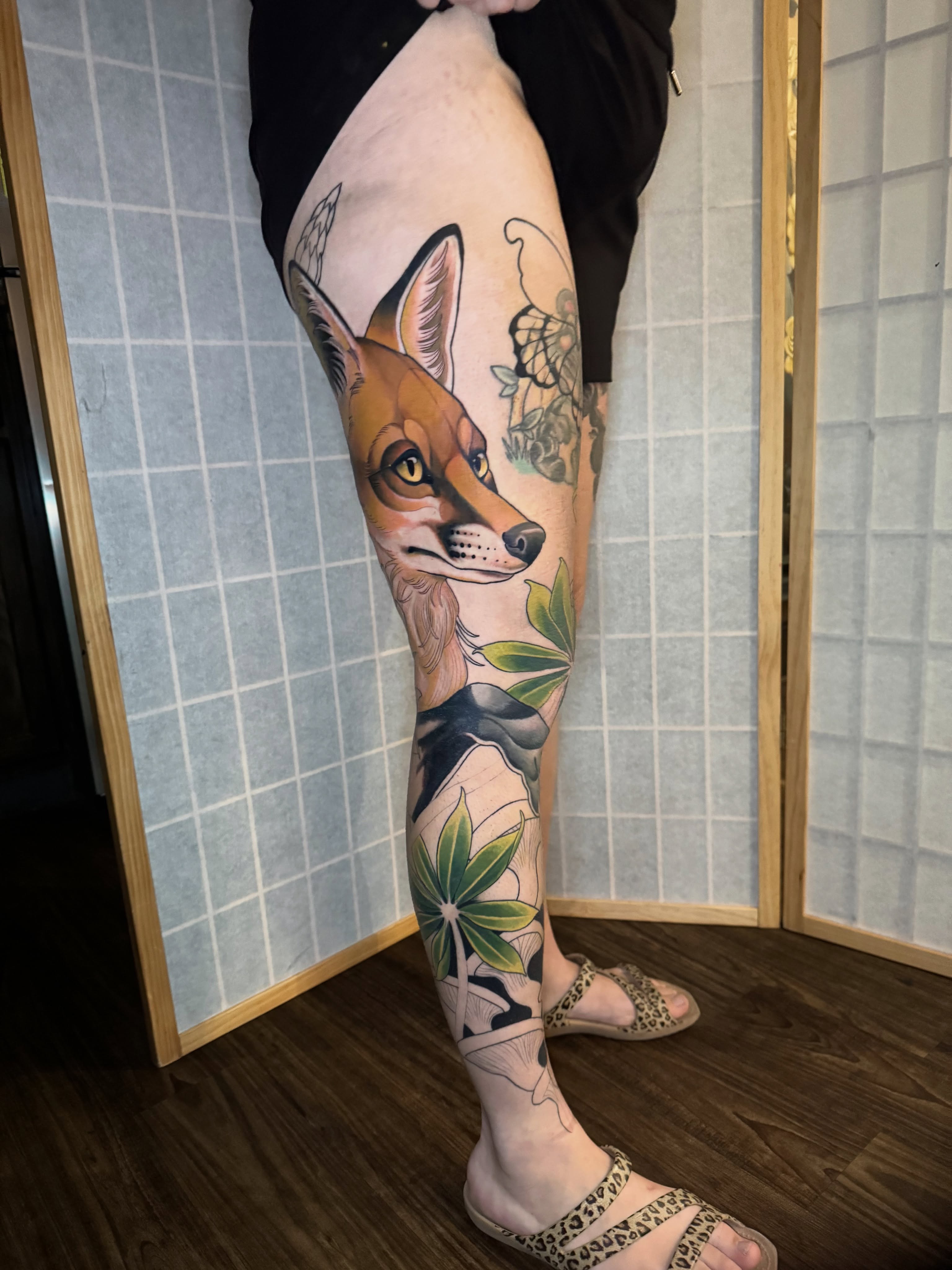 Fox and cannabis leaf realism tattoo on the leg by Andi Fitz ✨ San Diego Tattoo Artist, San Diego, California