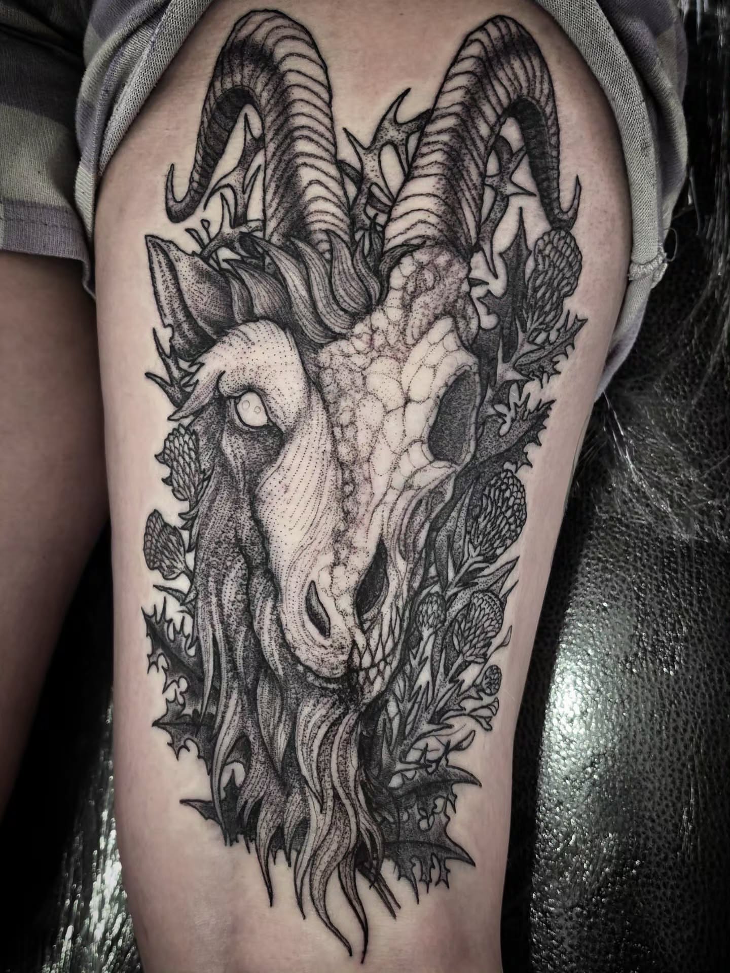 Ram skull with thistles realism tattoo on the thigh by brockton a f 💀