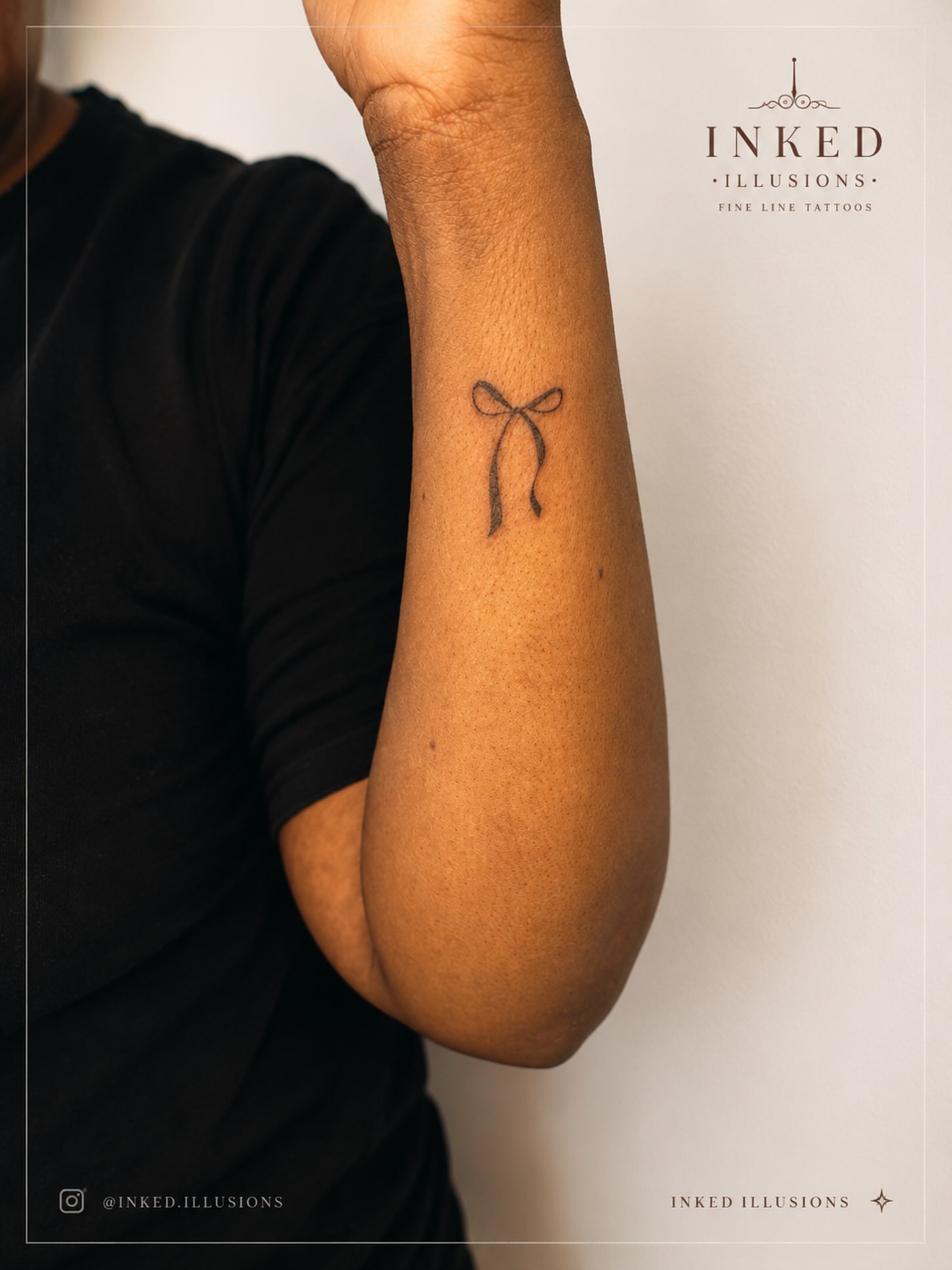 Bow fine line tattoo on the forearm by Victoria Cooper