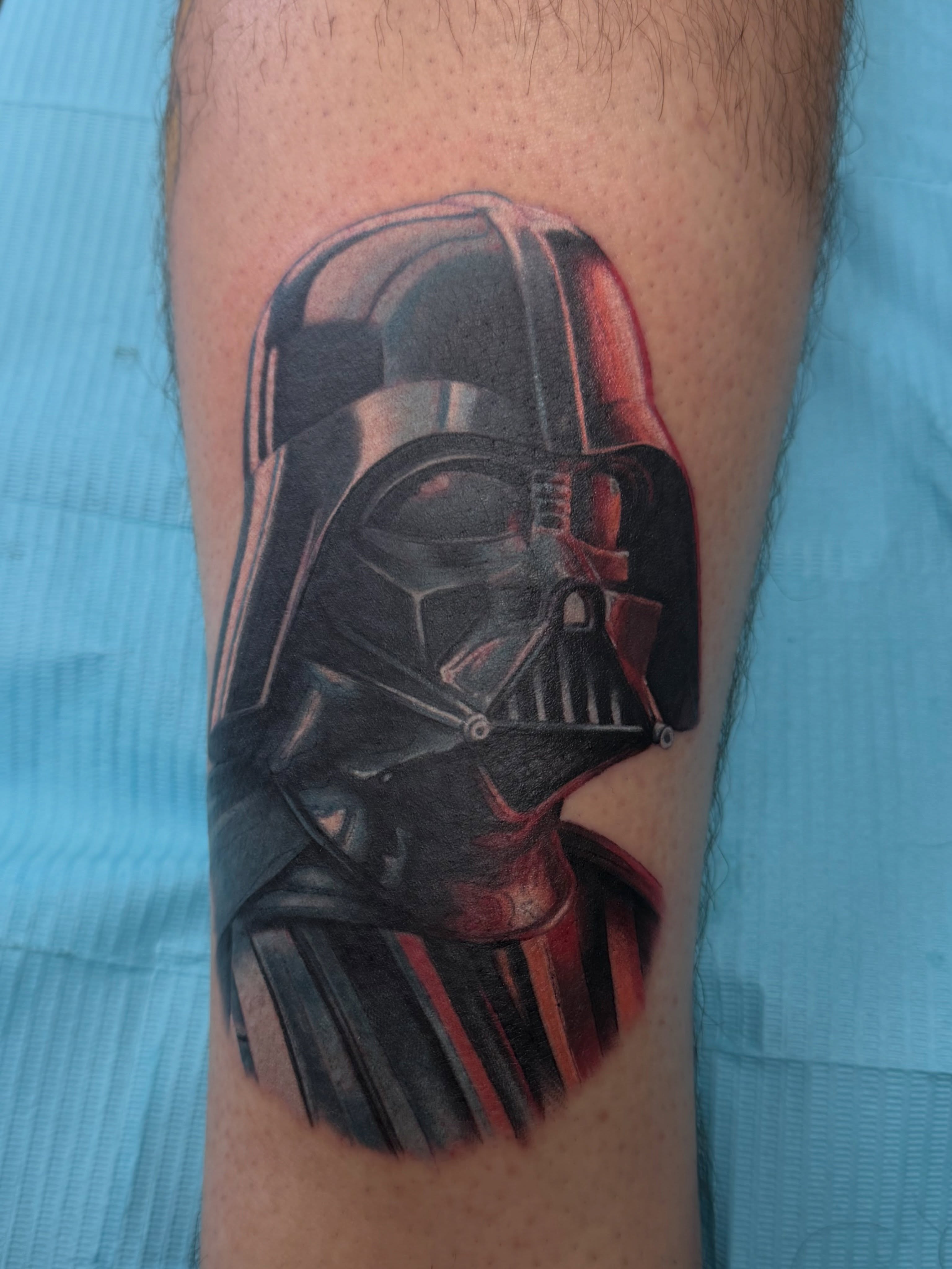 Darth vader helmet dark realism tattoo on the forearm by Cameron Mills - Tattoo artist
