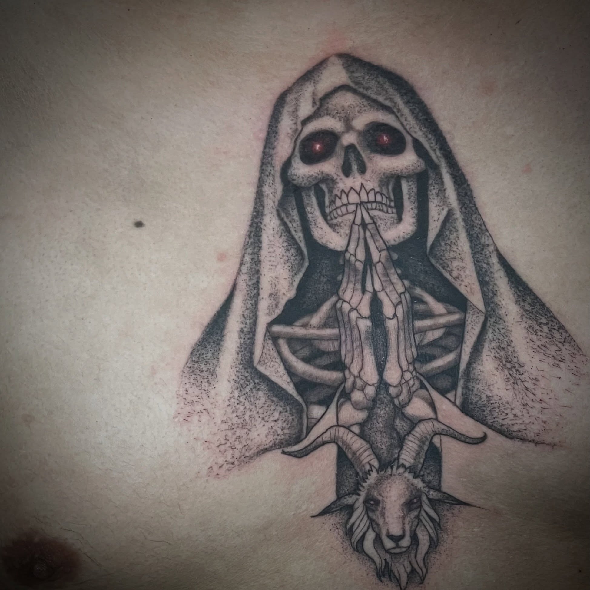 Reaper dotwork tattoo on the torso by Shadoww Espinoza