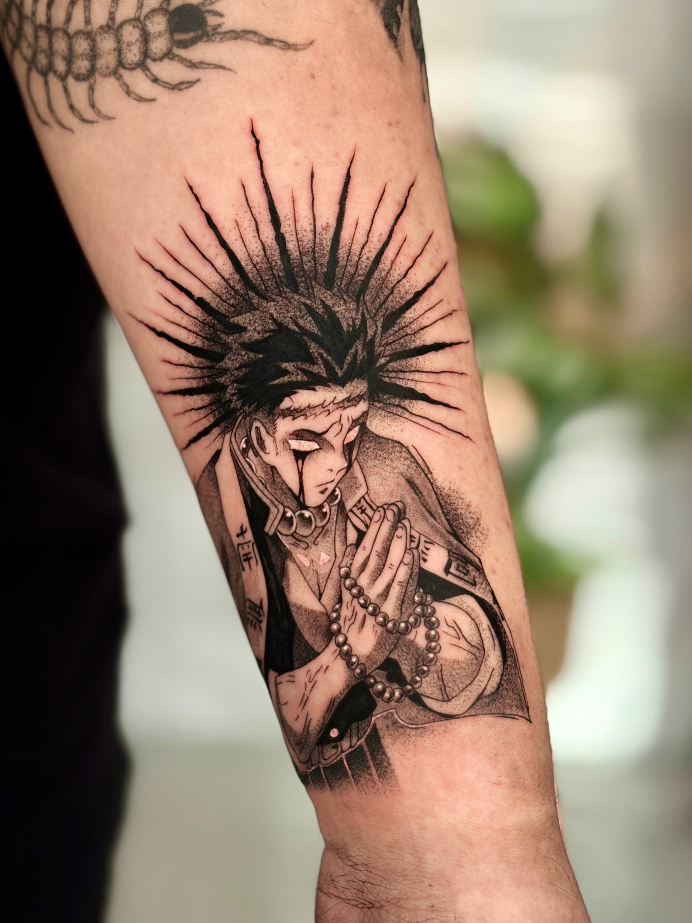 Anime character praying dotwork tattoo on the forearm by Quinn ᶻ 𝗓 𐰁 .ᐟ, Charlotte, North Carolina