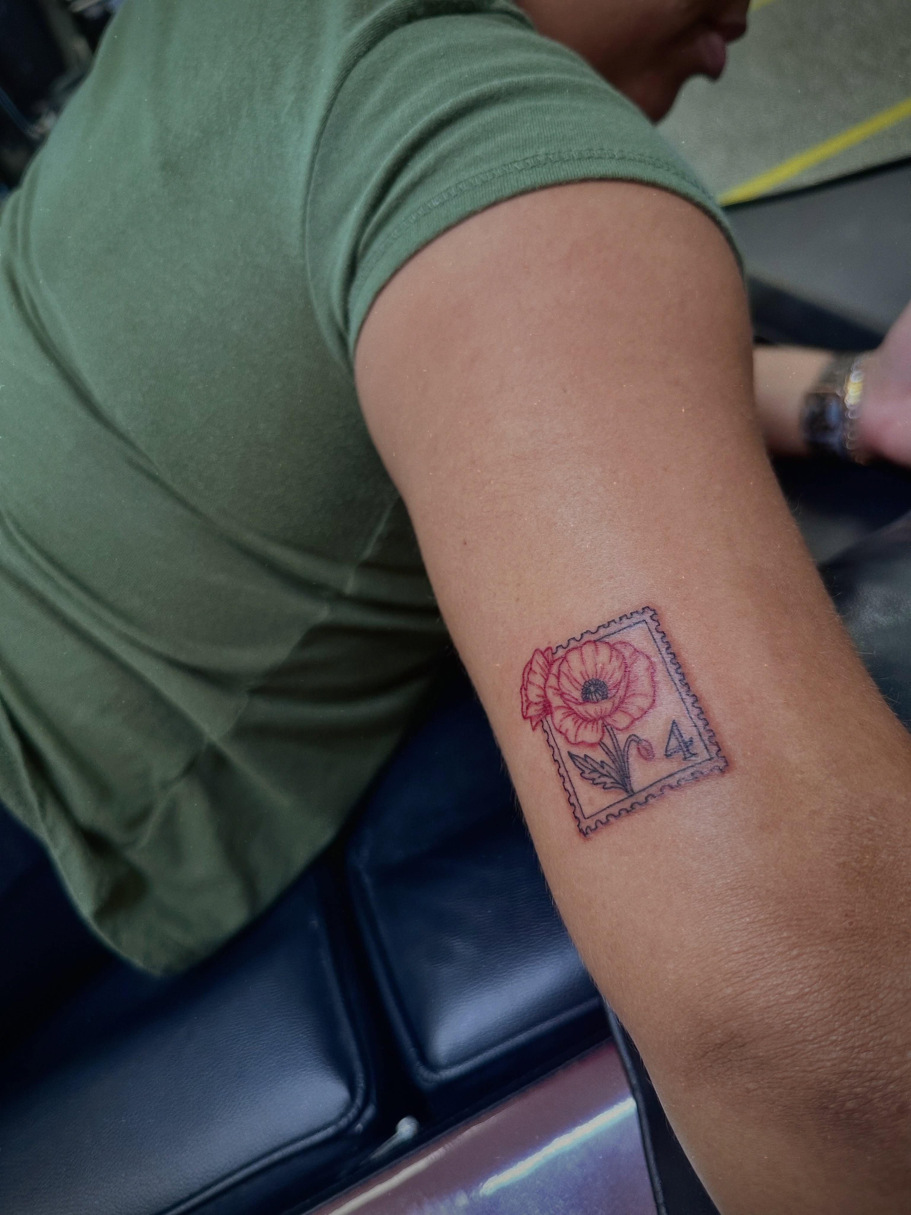 Poppy stamp dotwork tattoo on the forearm by Marlyn “Lala”