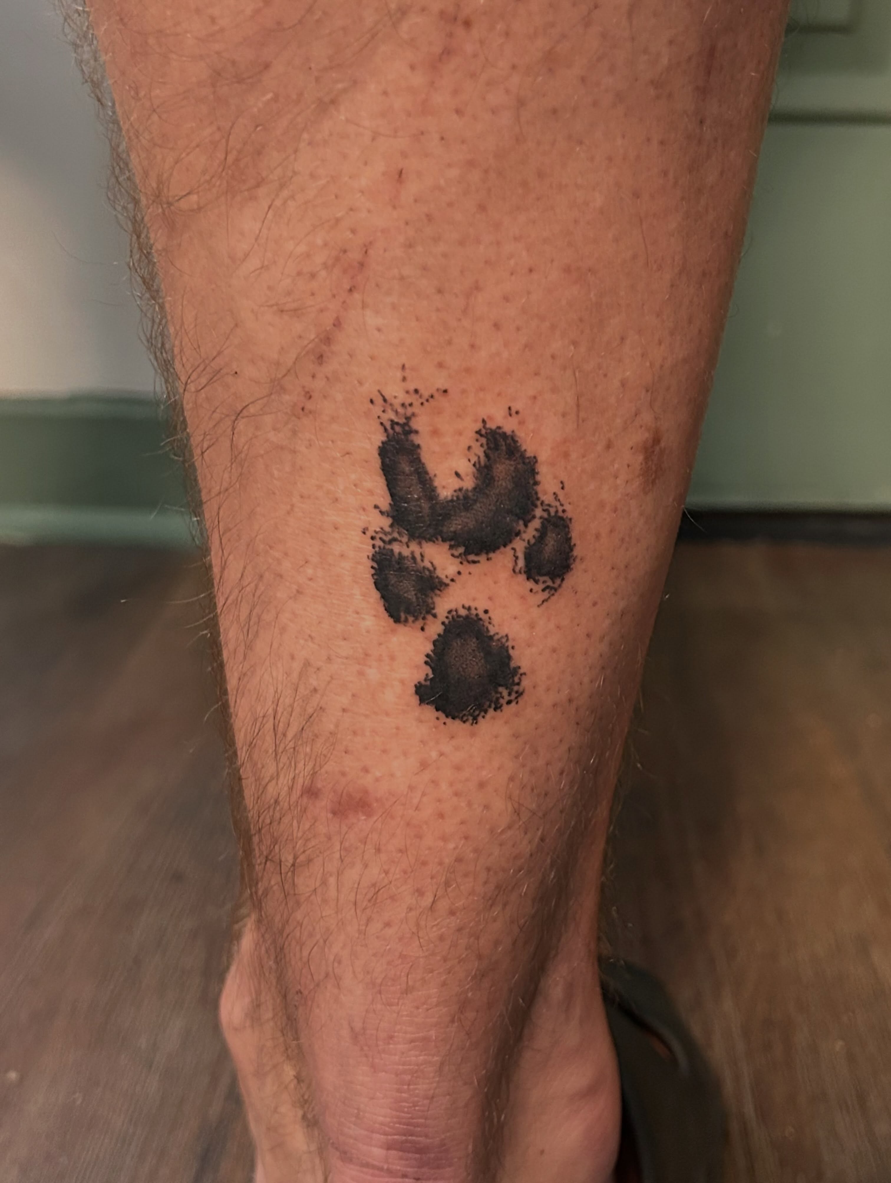 Paw print dotwork tattoo on the leg by Miss Katie