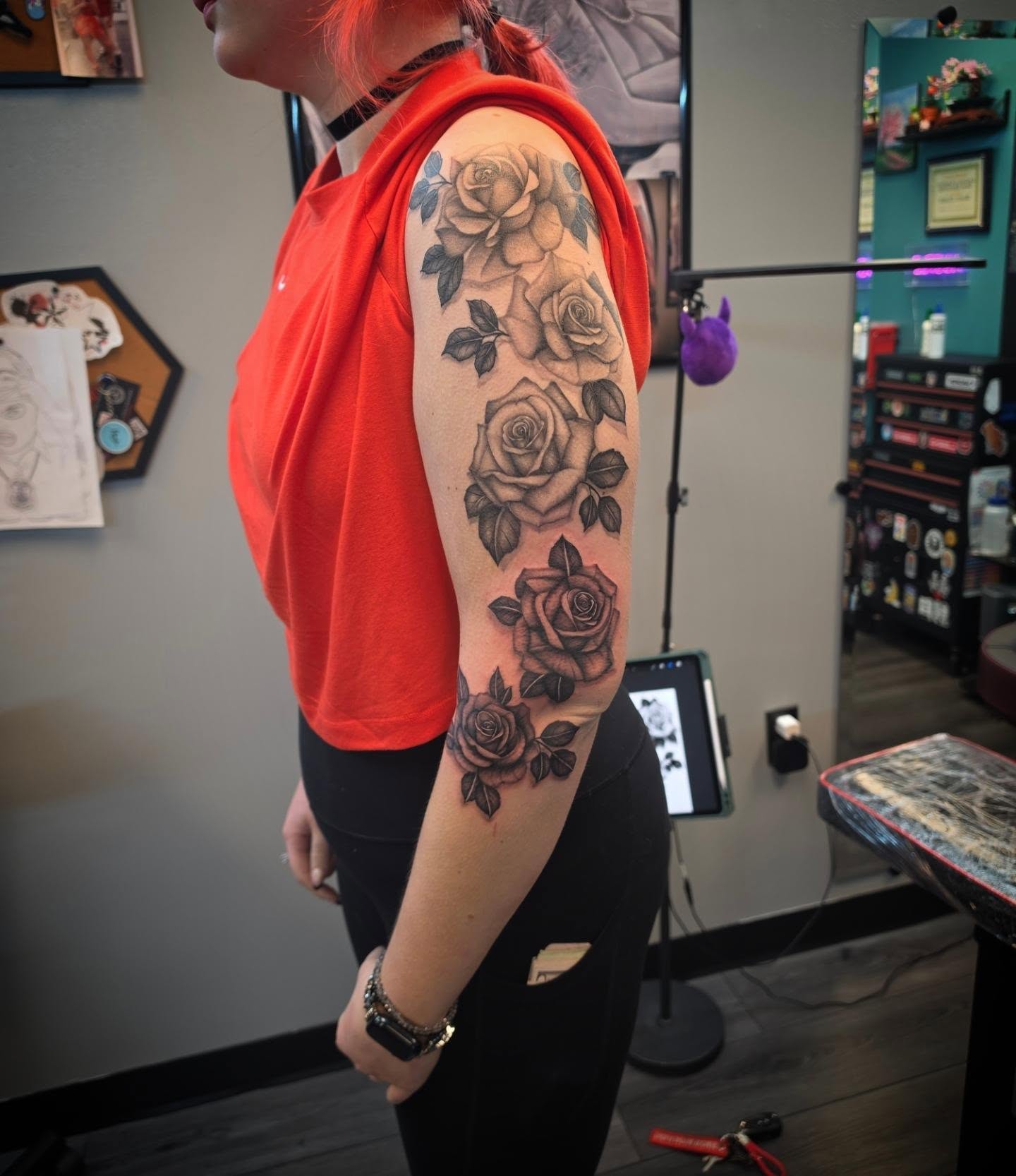 Roses black and grey tattoo on the forearm by Danielle Elizabeth