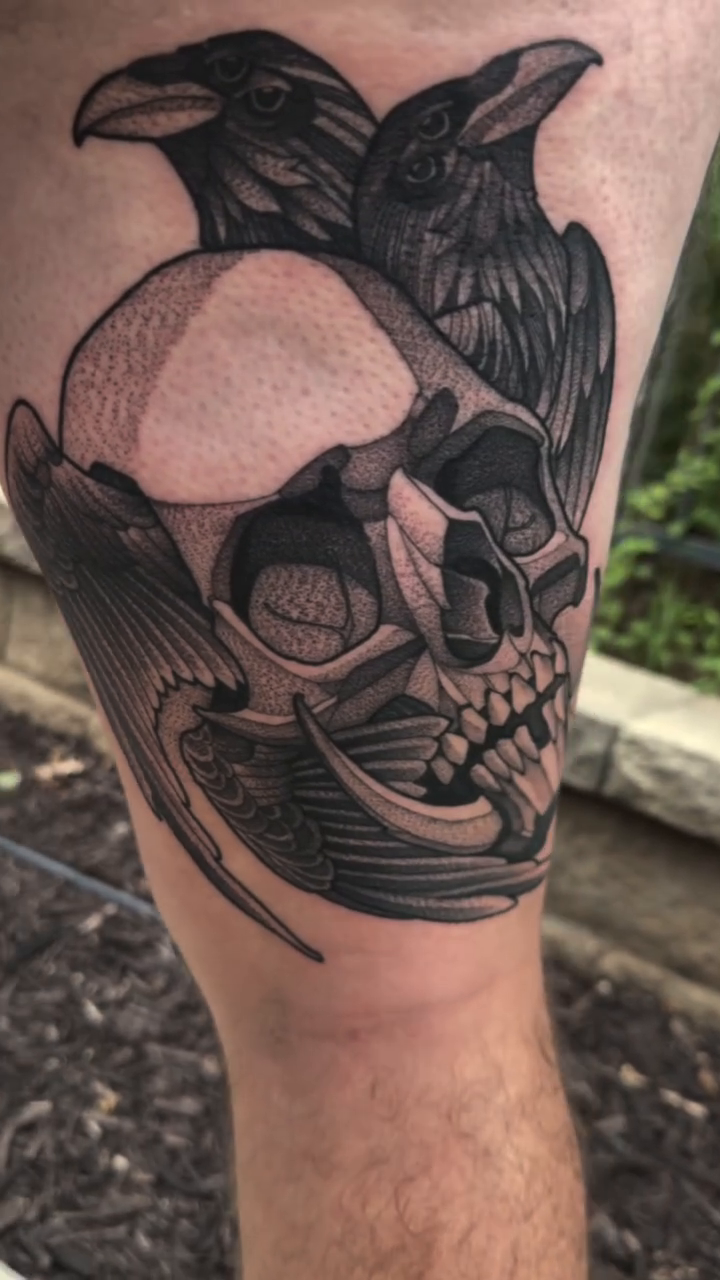 Skull with raven wings and ravens dark realism tattoo by Craig St Peter, Kansas City, Missouri