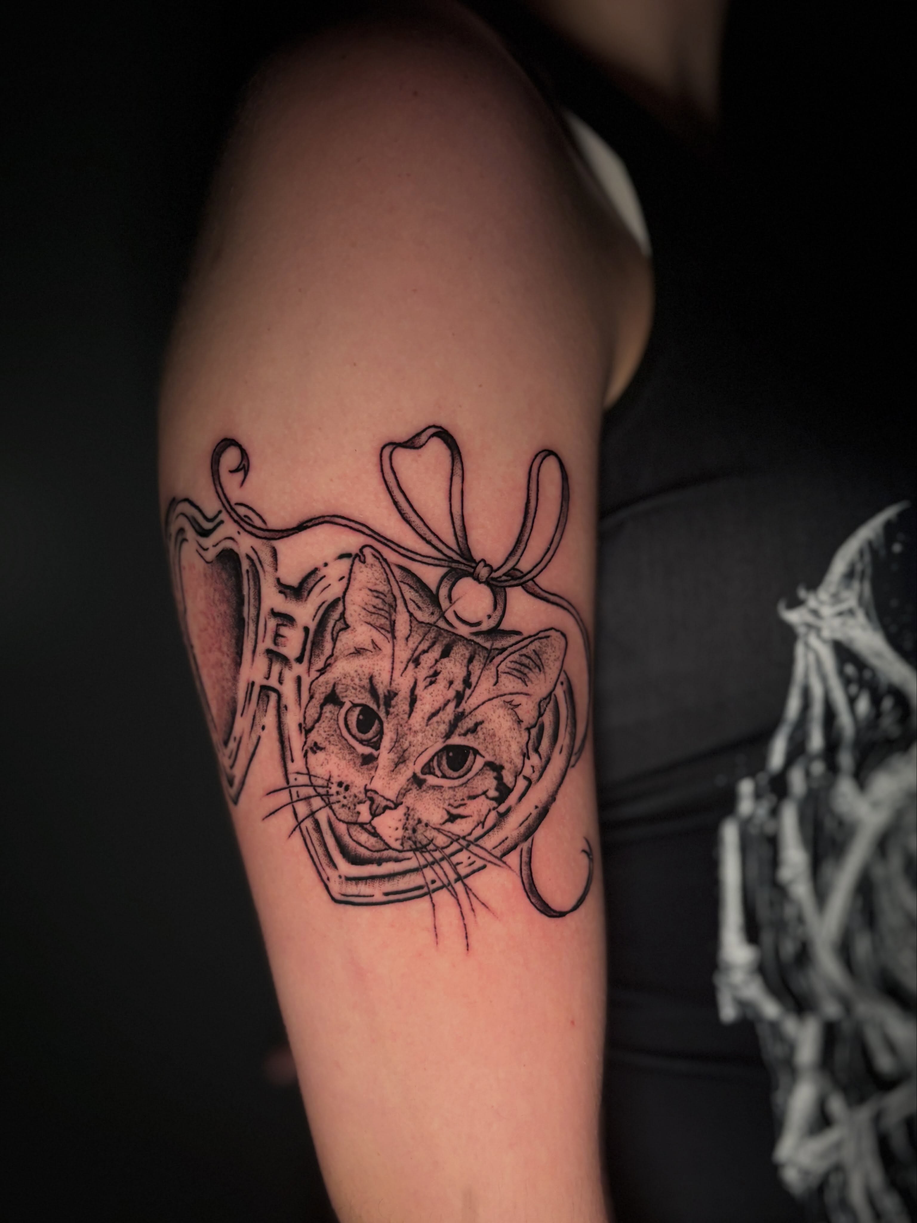 Cat black and grey tattoo on the forearm by ✩ 🕯️☾༺♰ gracey ༻☽🕯️✩