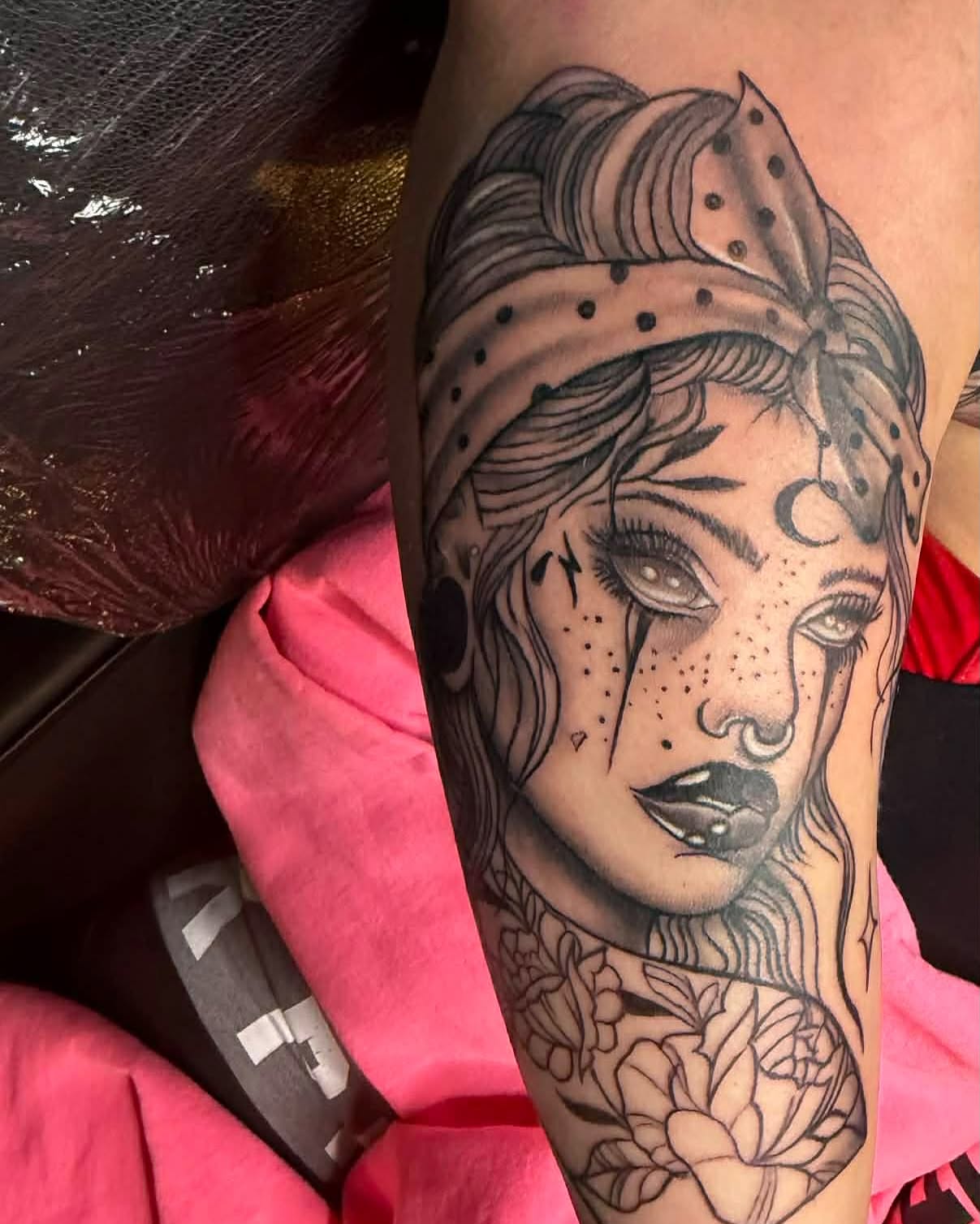 Woman with crescent moon dotwork tattoo on the forearm by Don Juan Ink Therapy, Jamesburg, New Jersey