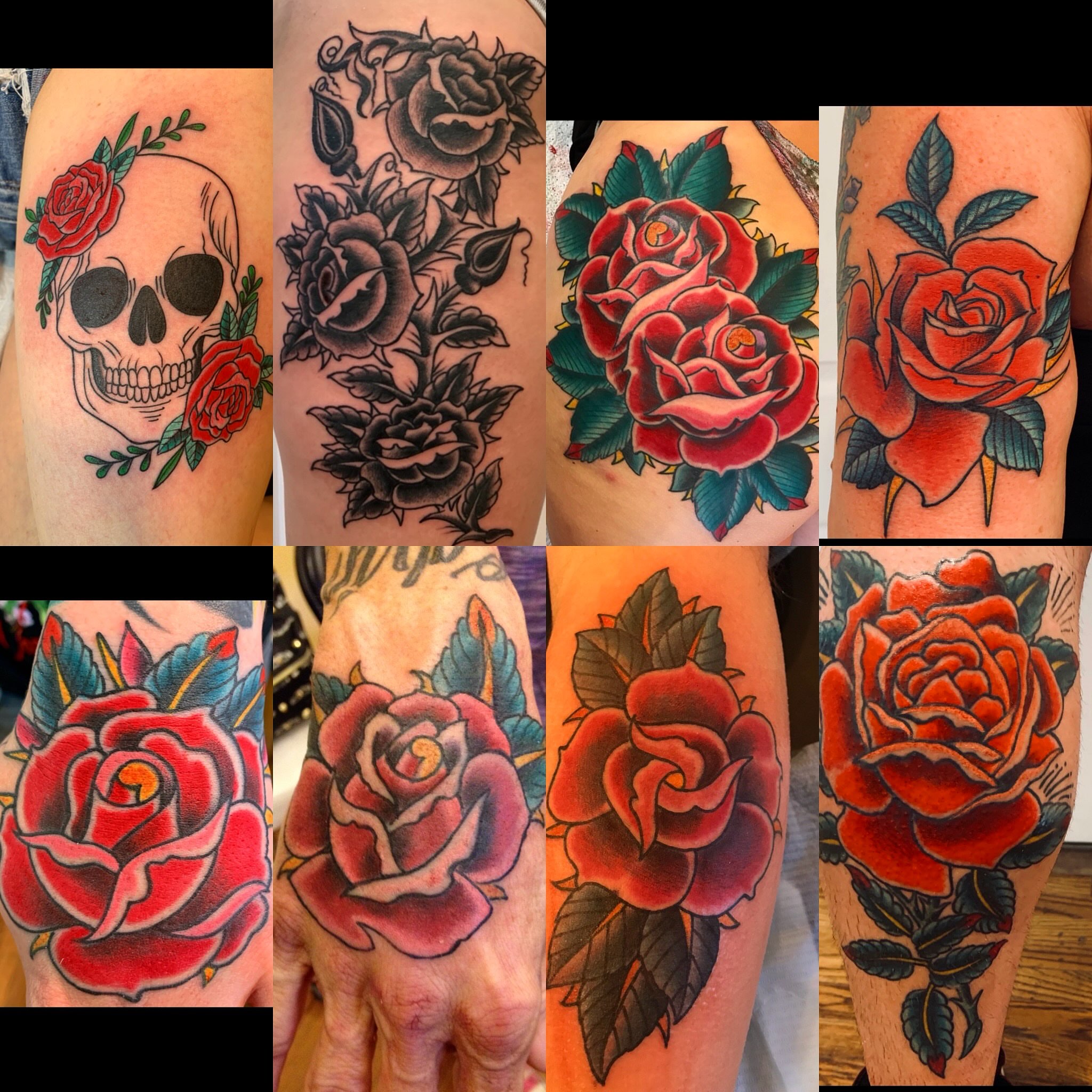 Roses American traditional tattoo on the upper arm by Mike Kepper