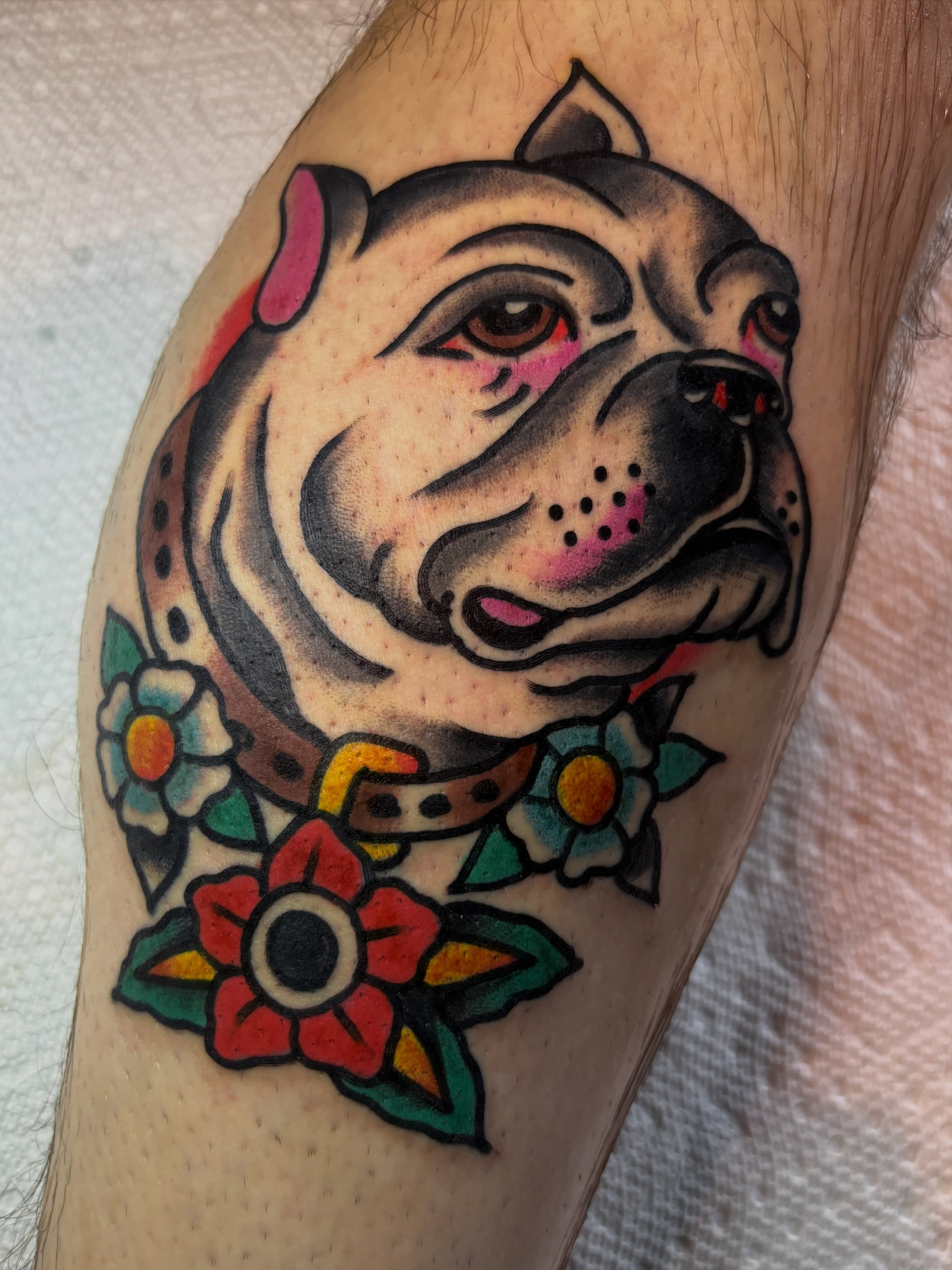 Bulldog with floral collar American traditional tattoo on the forearm by Mitch Ashpaugh