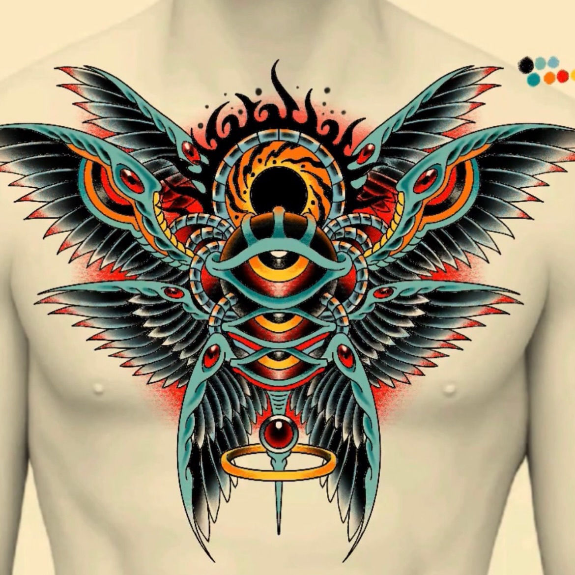 Winged dragon American traditional tattoo on the chest by Tattoos and art by Ghost Shipe