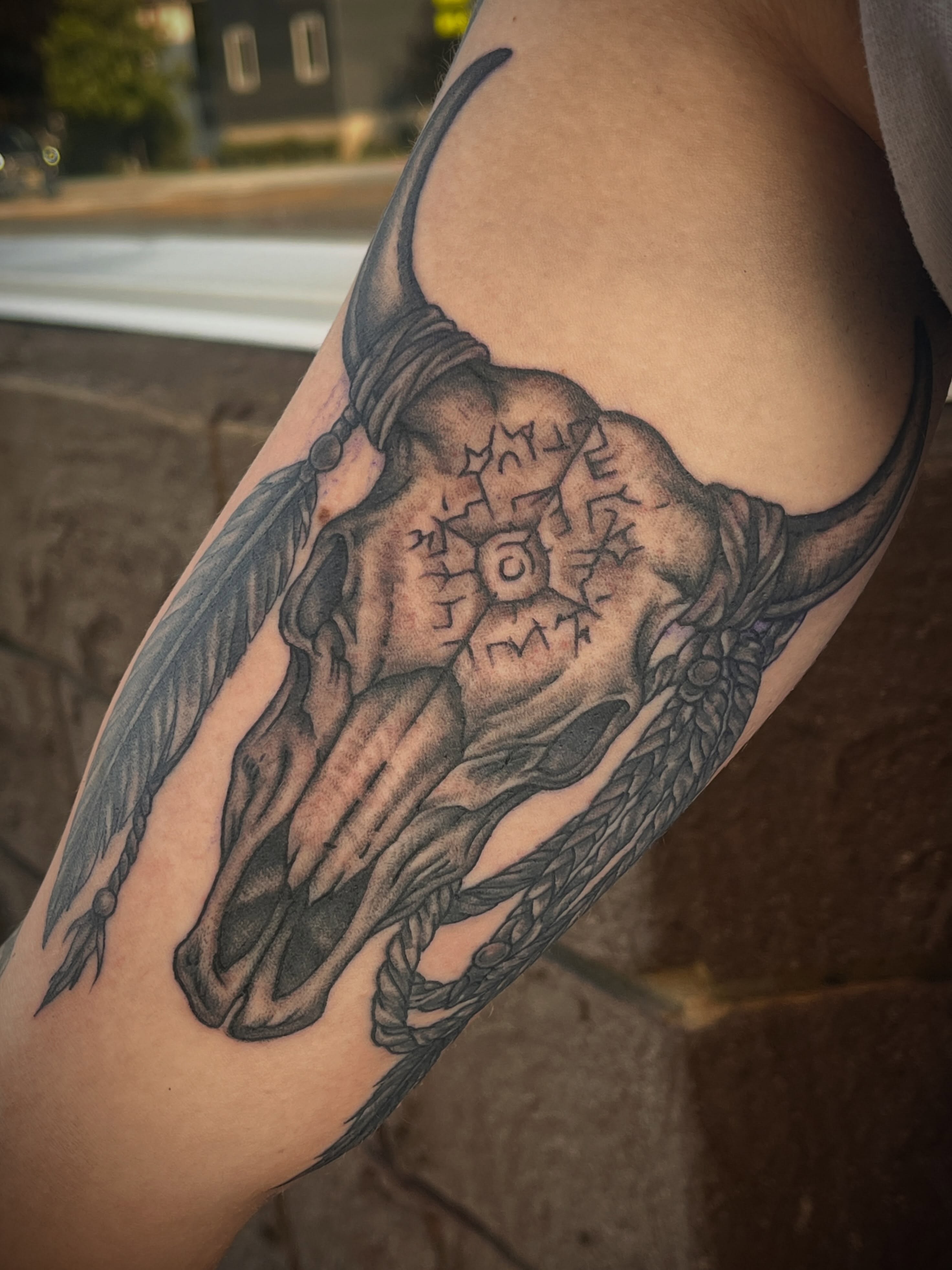 Bull skull realism tattoo on the forearm by Suzanne B