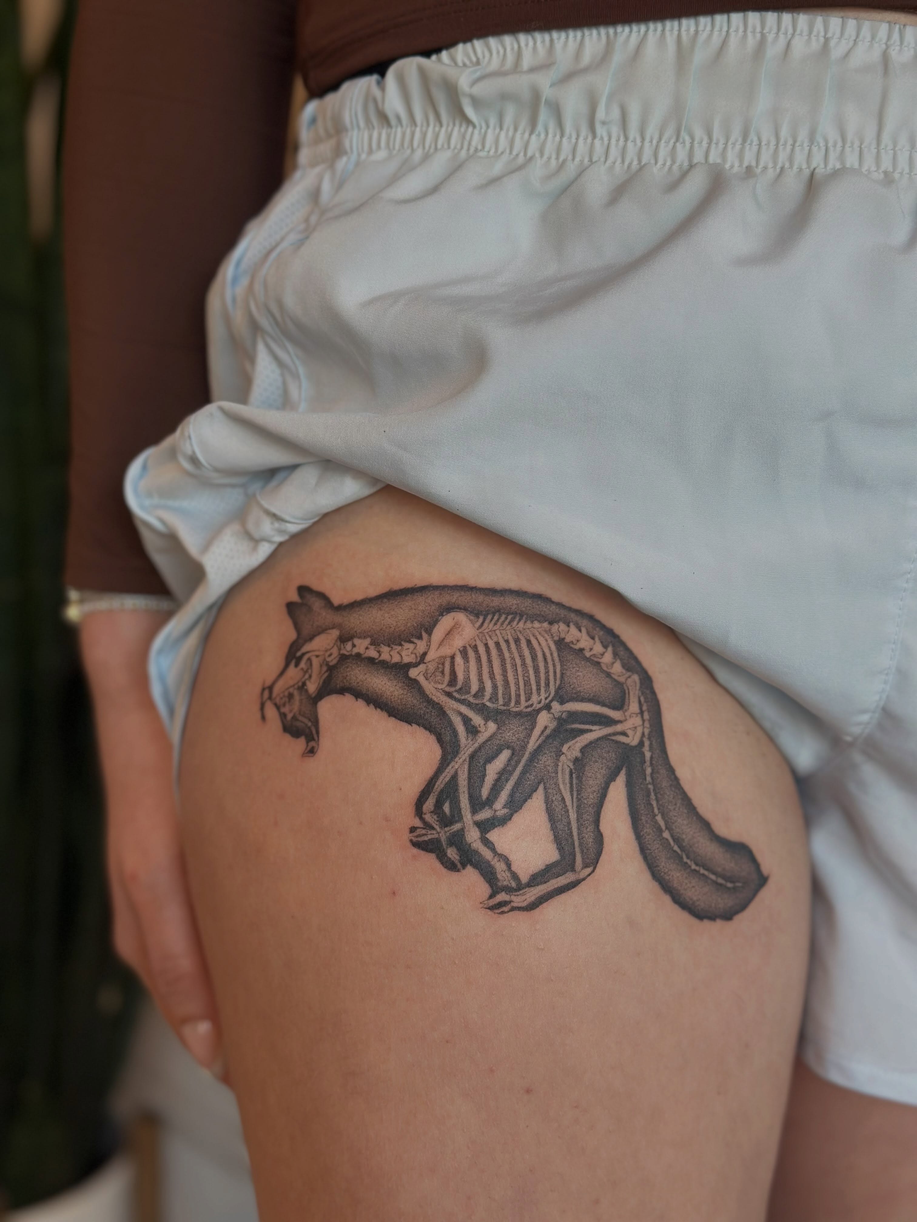 Fox skeleton black and grey tattoo on the thigh by sara scak, Lakewood, Ohio