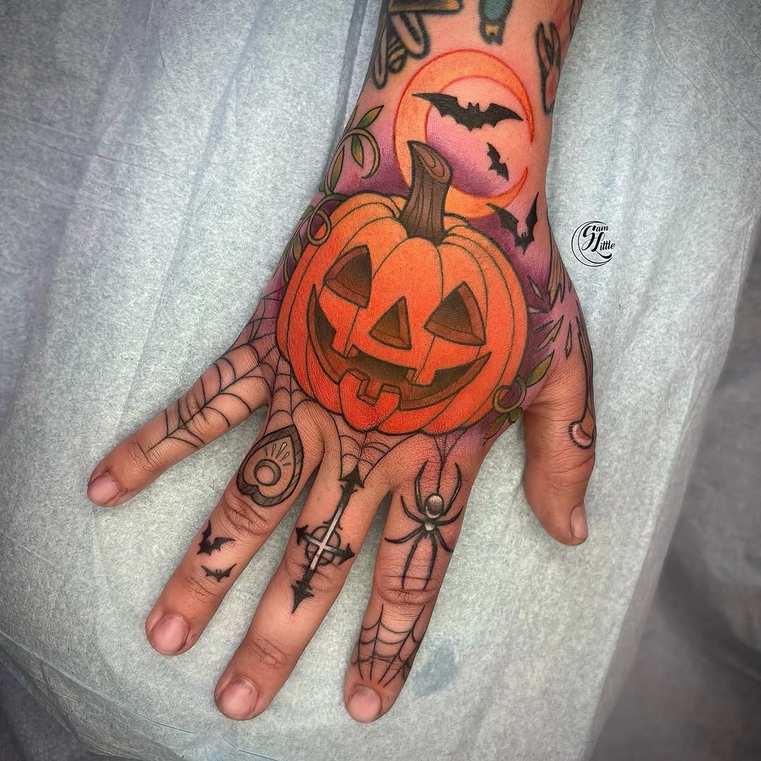 Pumpkin jack-o'-lantern American traditional tattoo on the hand by 𝓢𝓪𝓶 𝓛𝓲𝓽𝓽𝓵𝓮