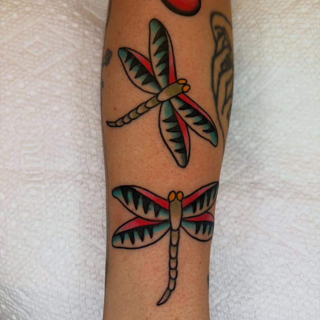 Dragonfly American traditional tattoo on the forearm by rachael