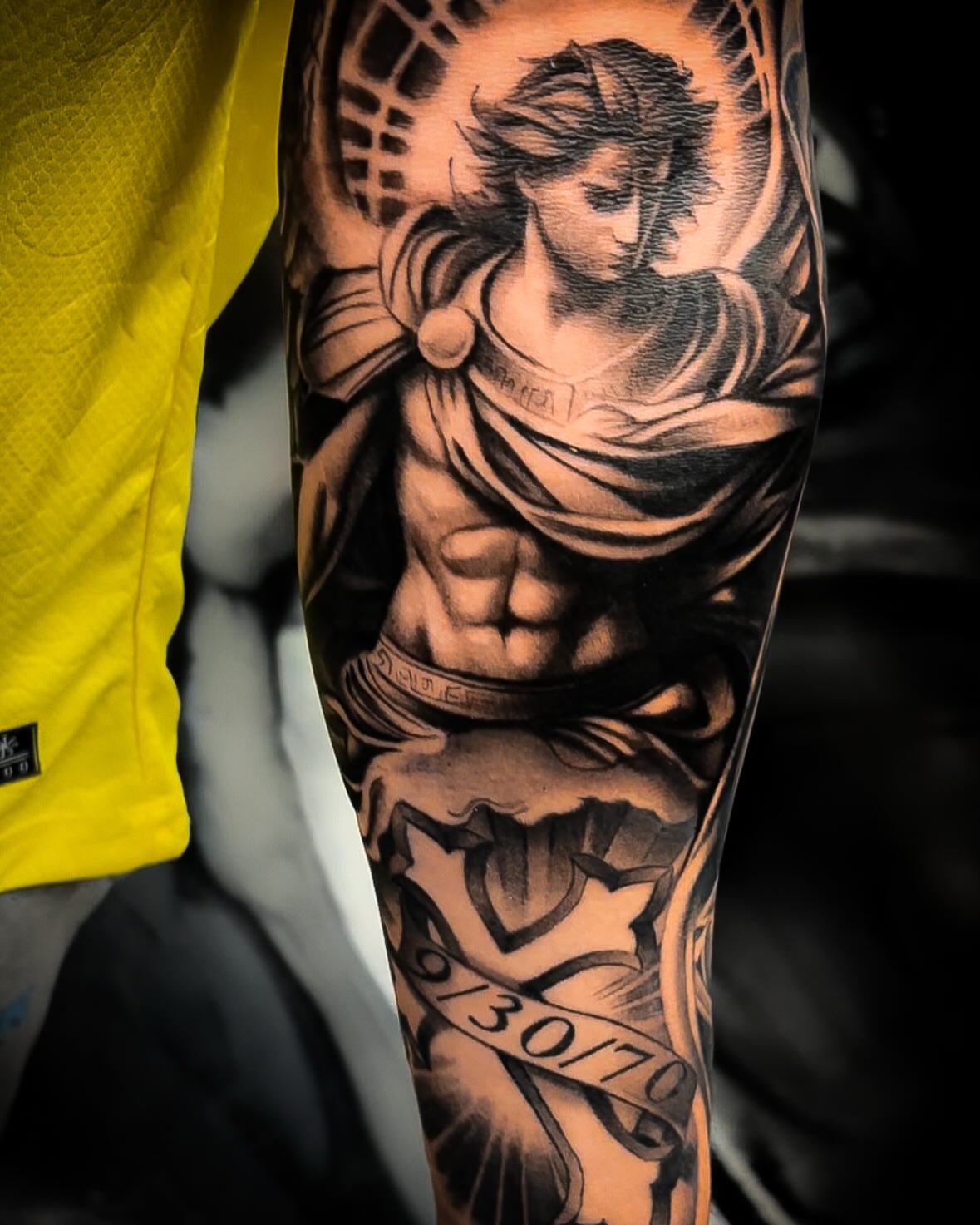 Statue of a warrior realism tattoo on the forearm by J.diaz🎖️