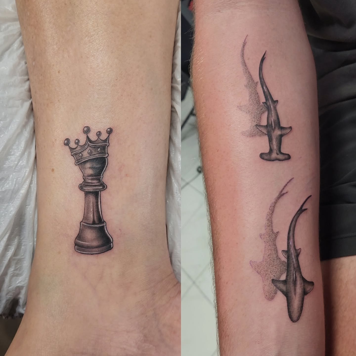Chess piece black and grey tattoo on the forearm by Jason August