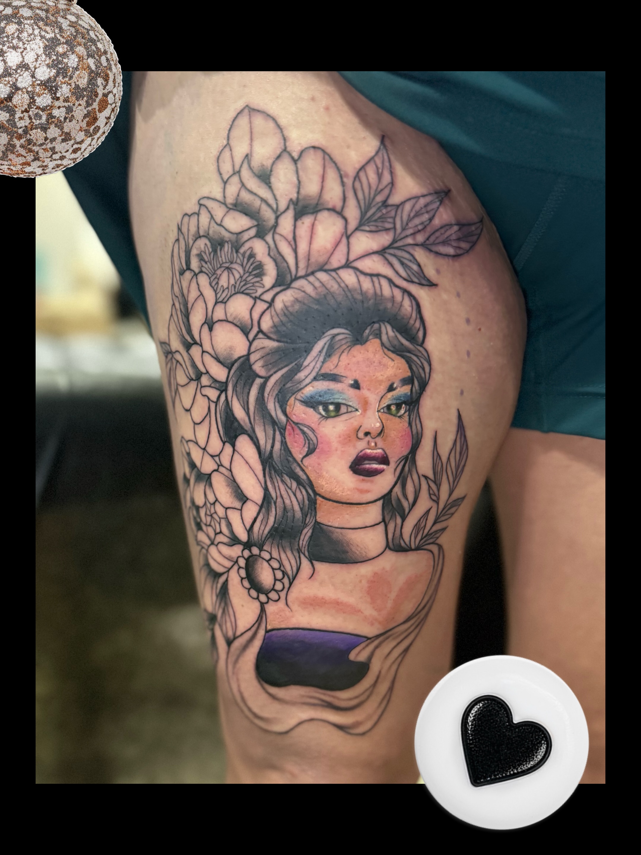 Floral portrait illustrative tattoo on the thigh by Serenity Mullins