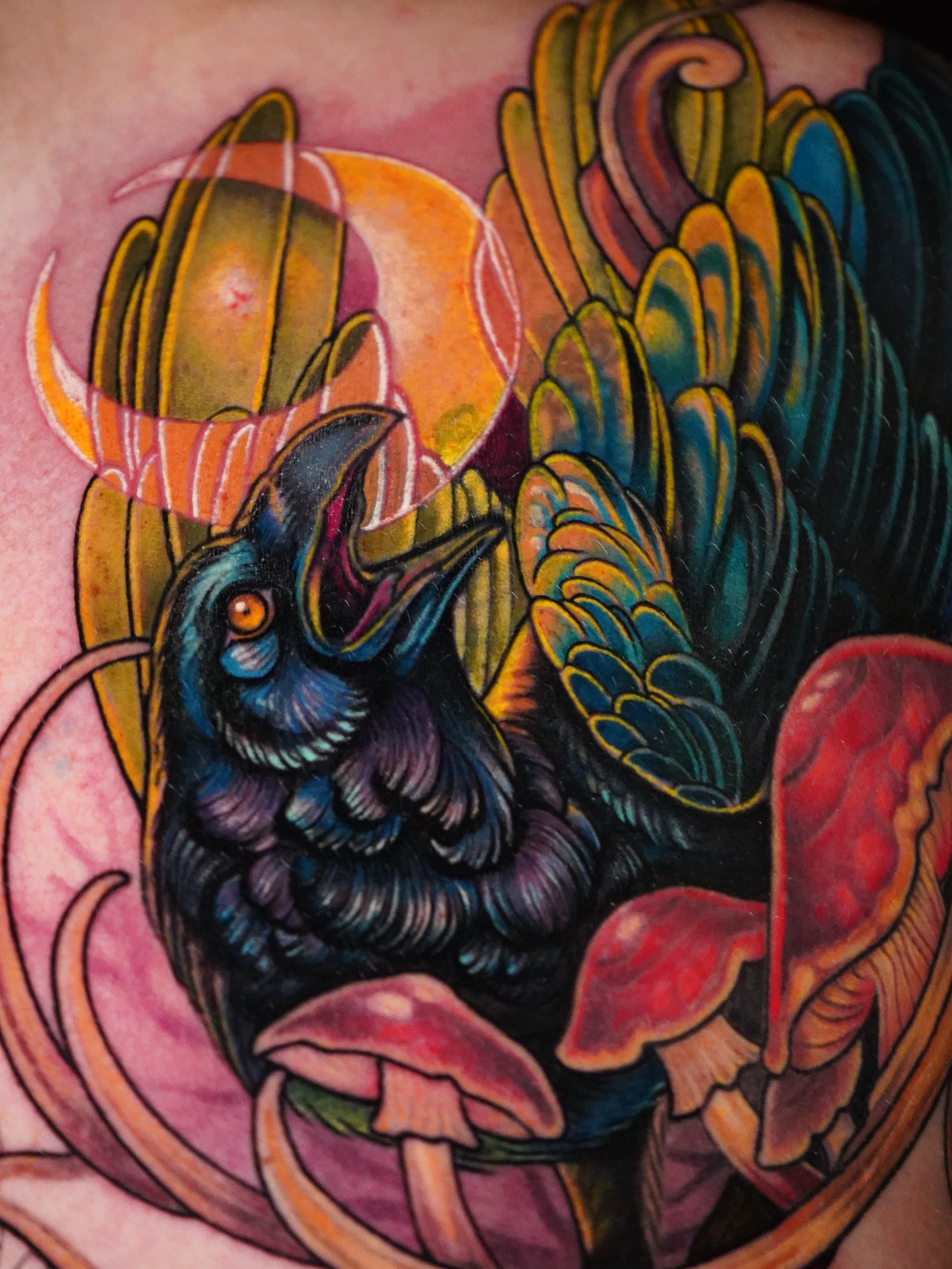 Crow and mushrooms new school tattoo by Haley Corinne