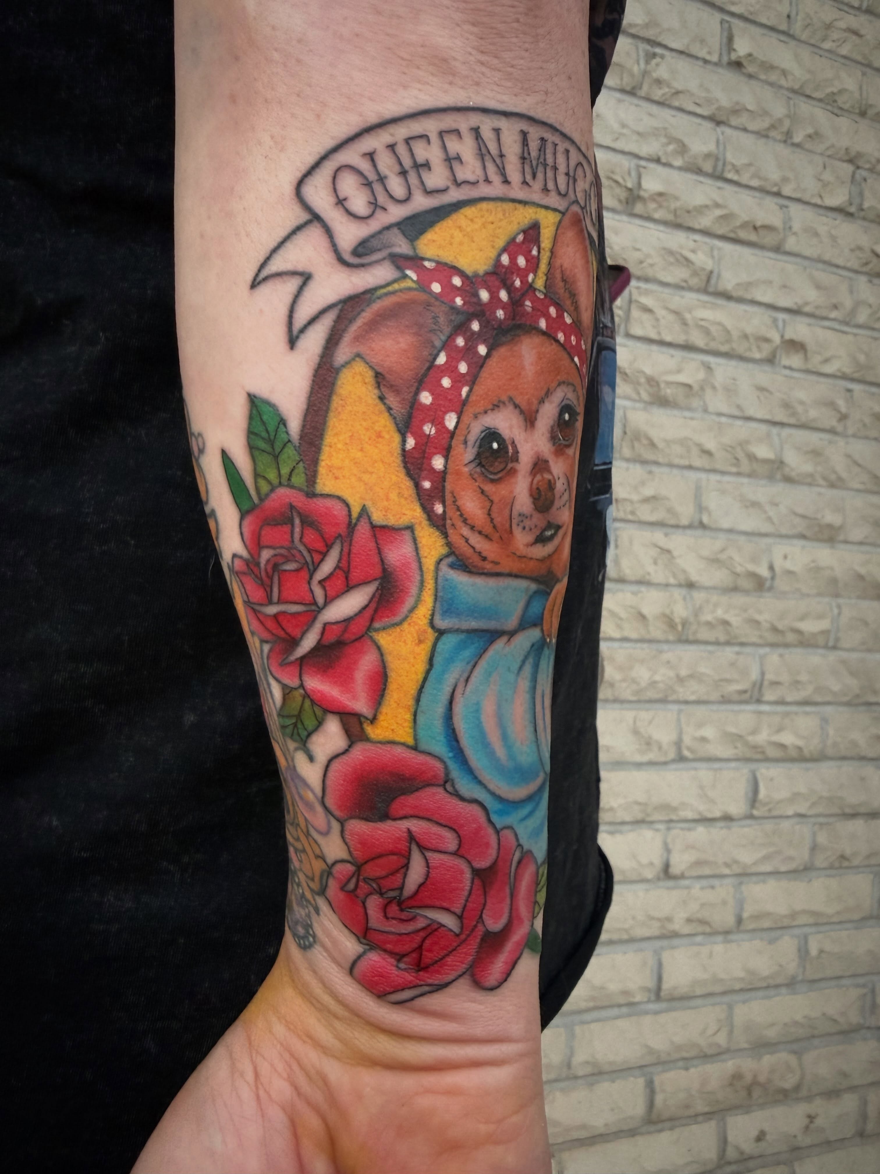 Chihuahua wearing bandana American traditional tattoo on the forearm by Abby Hofman