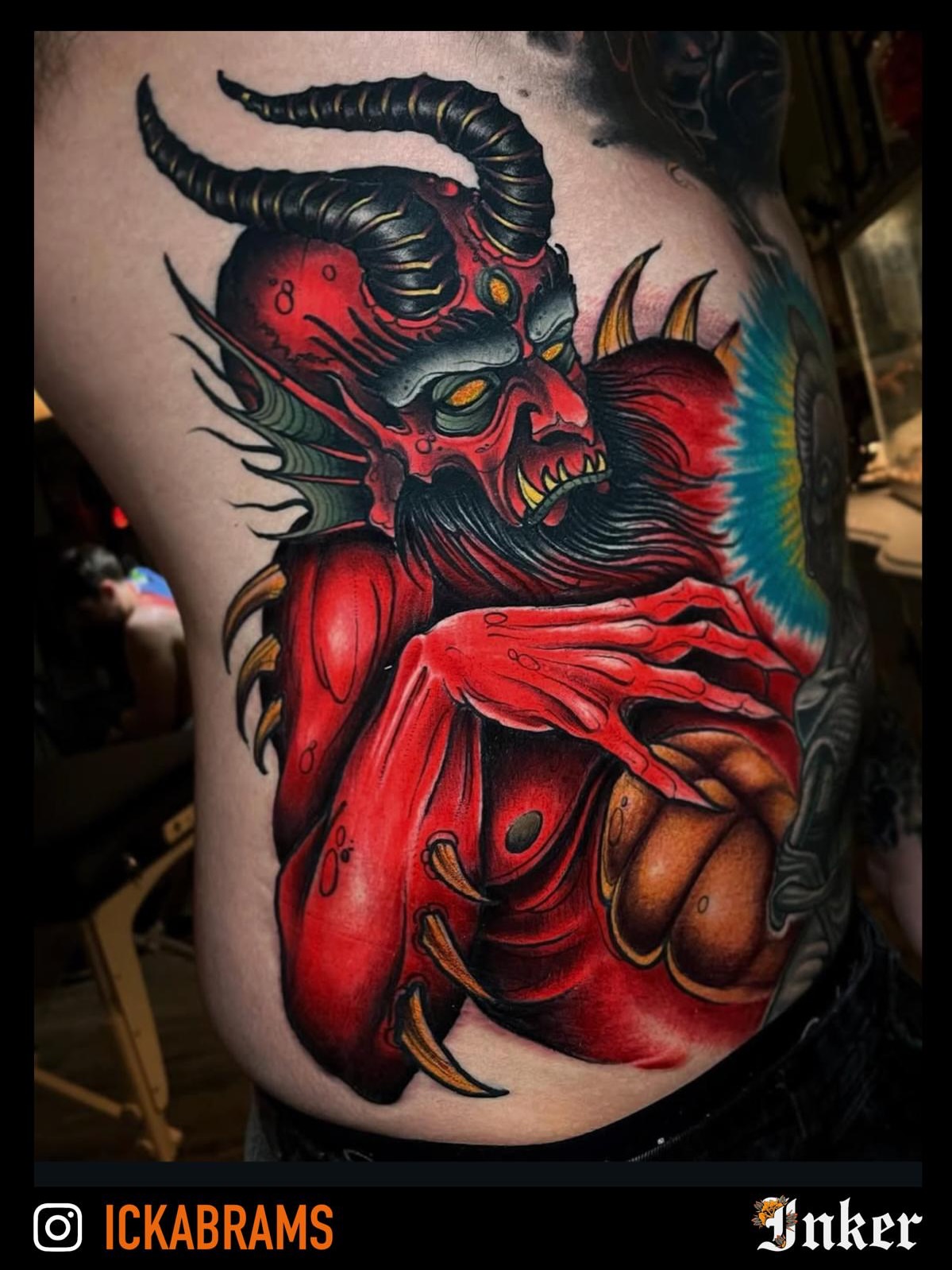 Demon dark realism tattoo on the torso by Ick Abrams