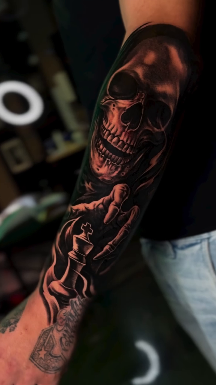 Skull and chess pieces dark realism tattoo by Andrew Wine🍷Tattoo