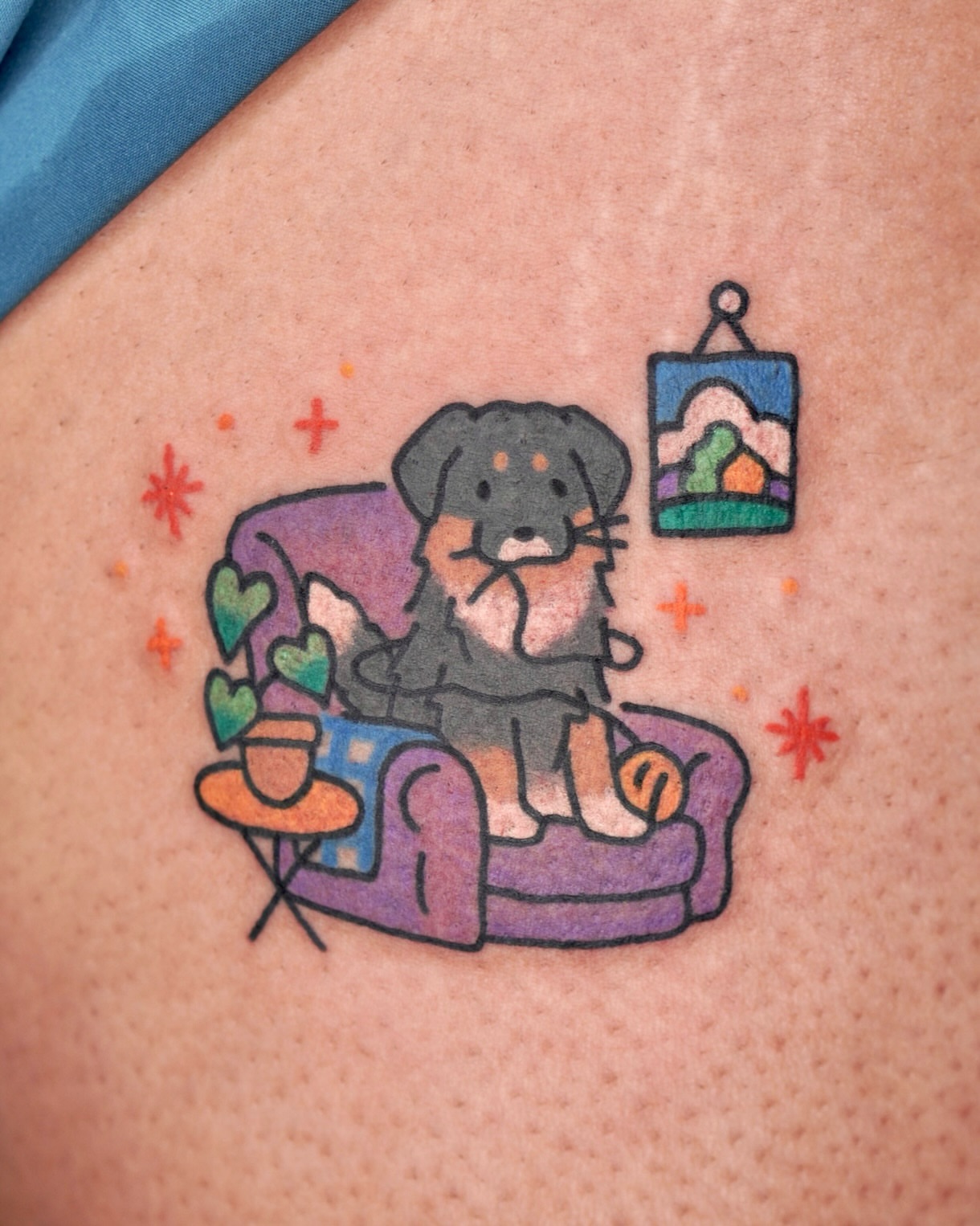 Dog in chair dotwork tattoo on the thigh by XINAMON 🔥 시나몬