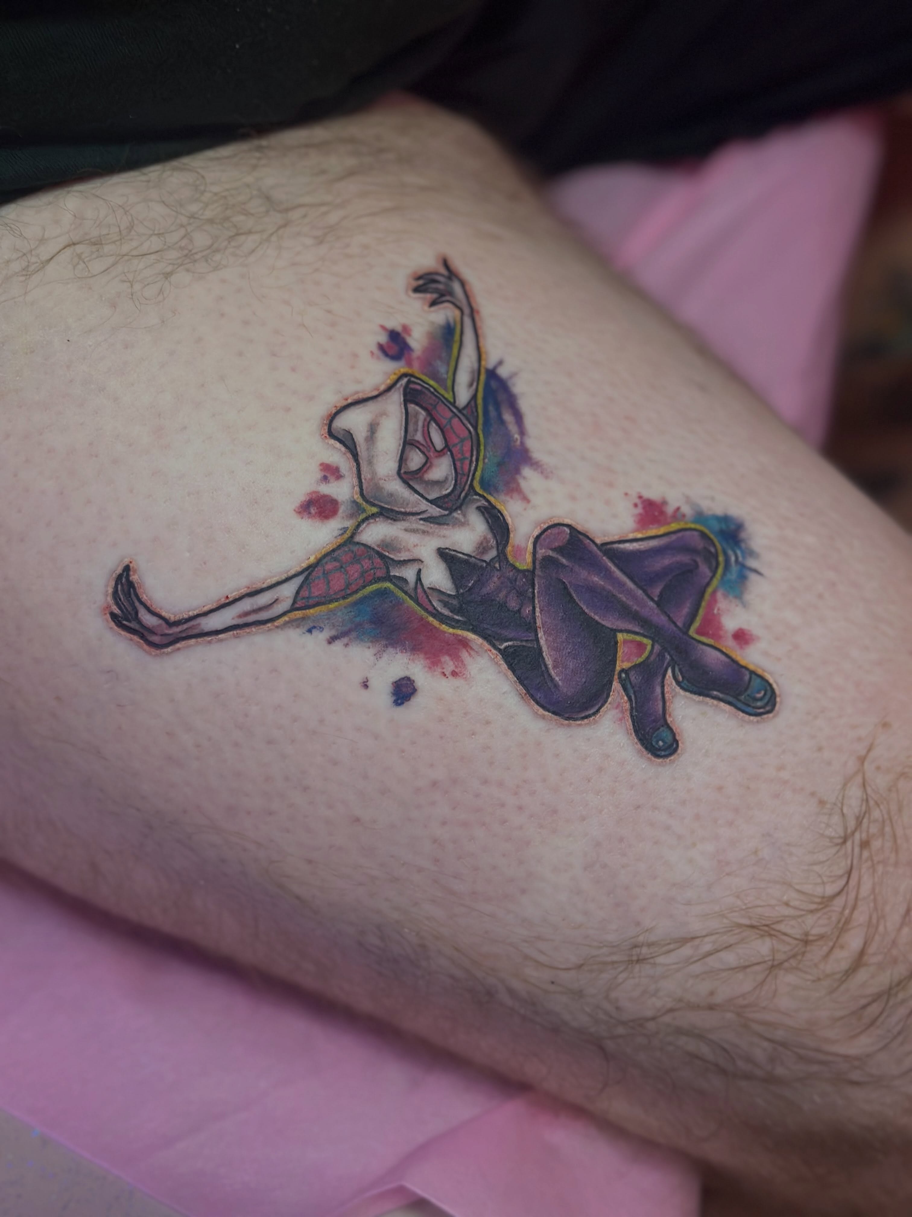 Dance pose watercolor tattoo on the thigh by Erin Miller