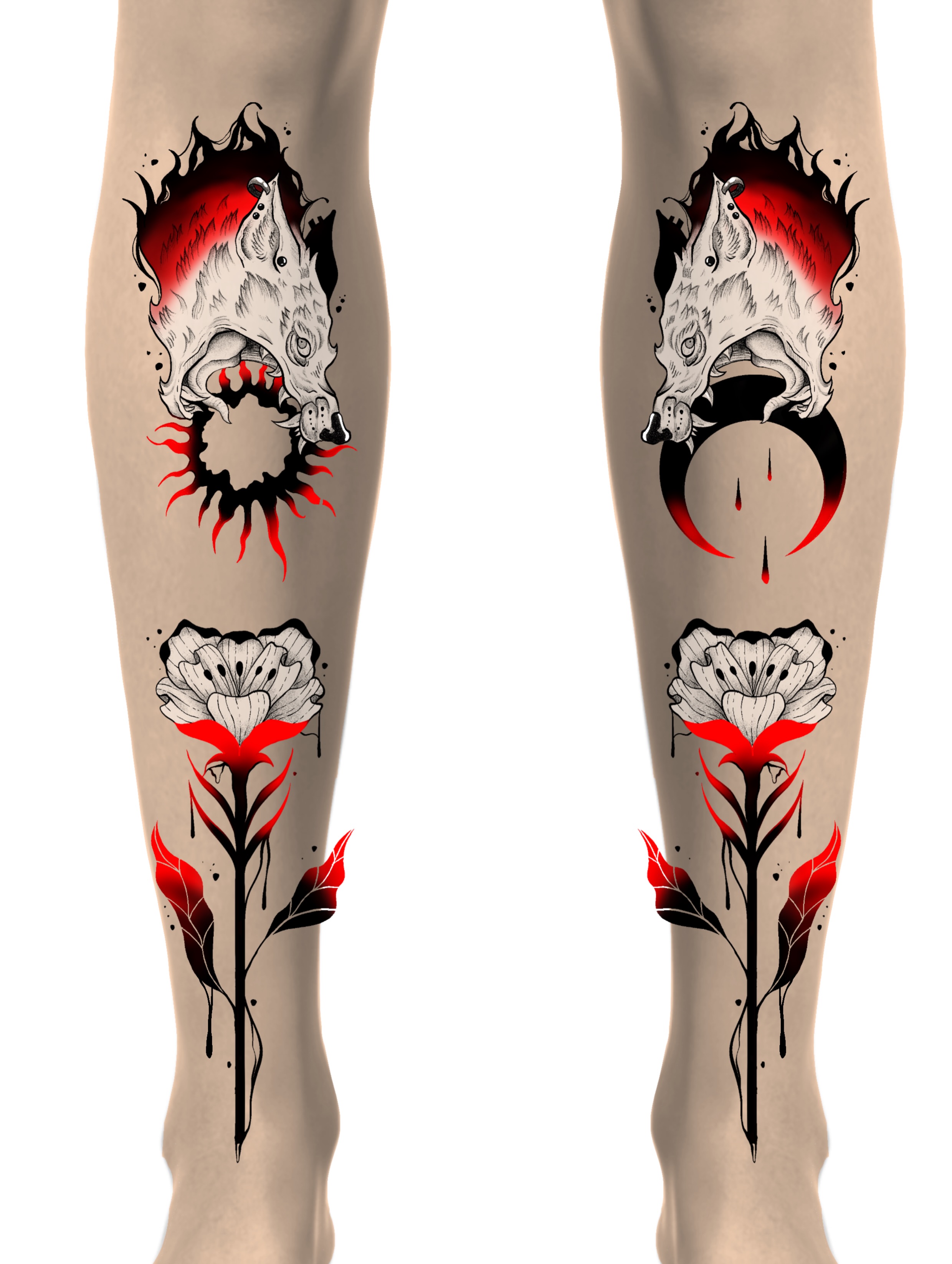 Wolf and rose neo-traditional tattoo on the calf by Shontel Fowler